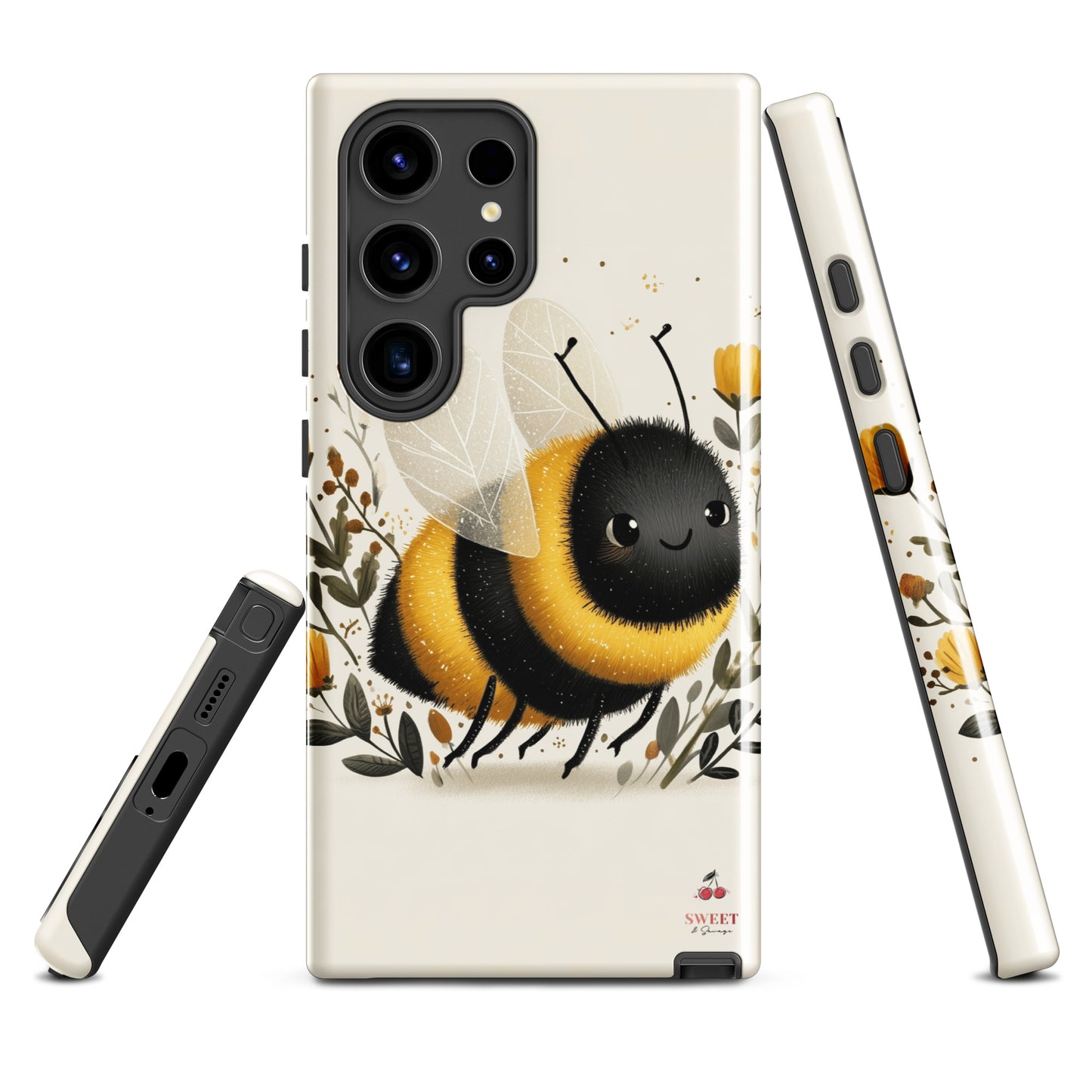 Tough Samsung® Galaxy case featuring a cute, artistic bumblebee with floral accents on a cream background.
