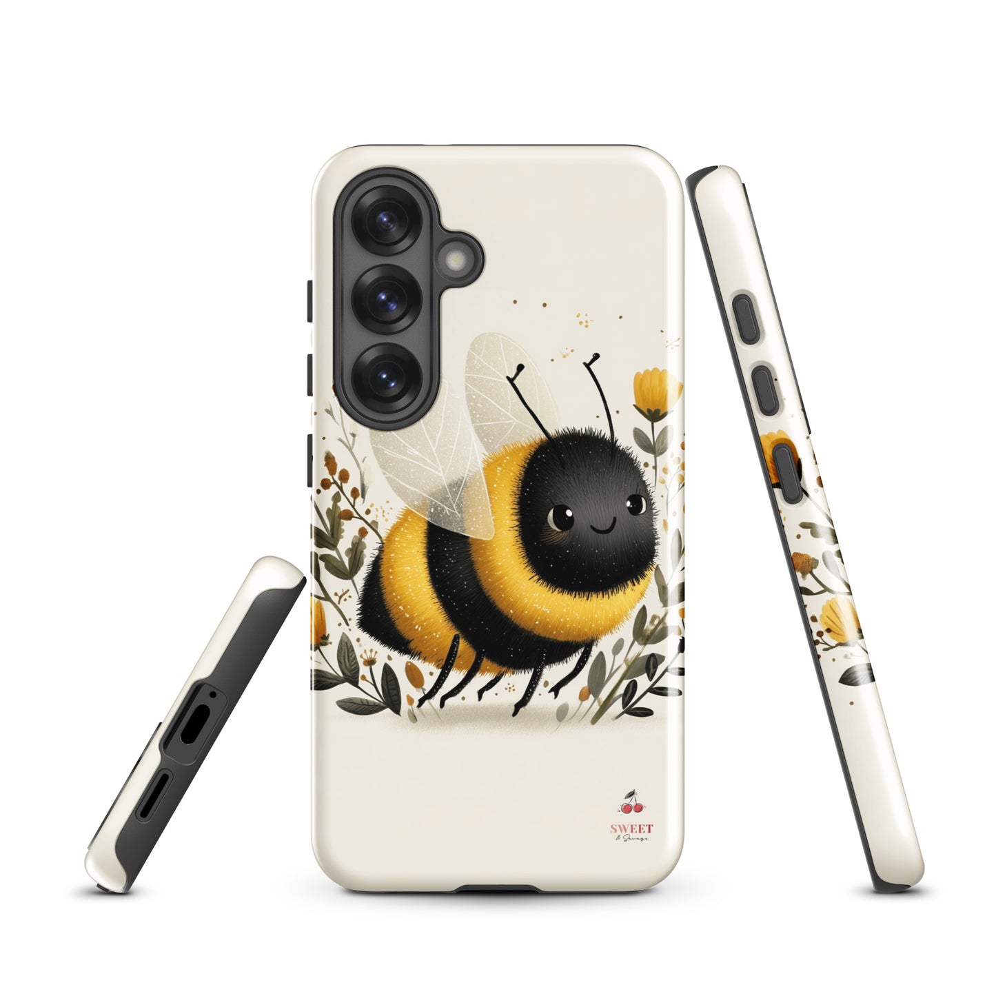 Tough Samsung® Galaxy case featuring a cute, artistic bumblebee with floral accents on a cream background.