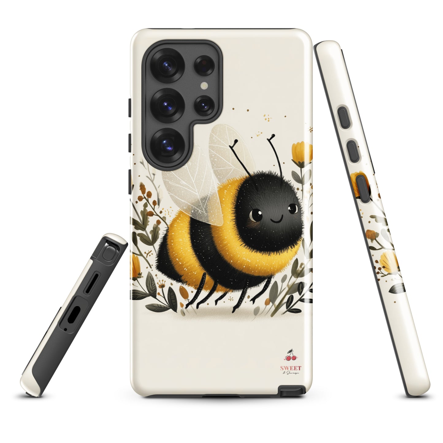 Tough Samsung® Galaxy case featuring a cute, artistic bumblebee with floral accents on a cream background.