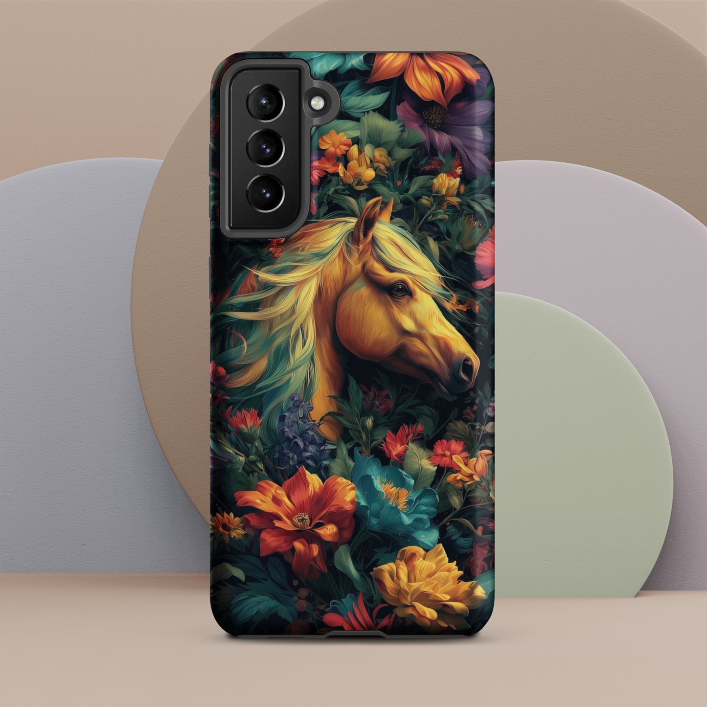 Tough Samsung® phone case featuring an artistic golden horse surrounded by vibrant, colorful flowers on a dark background.