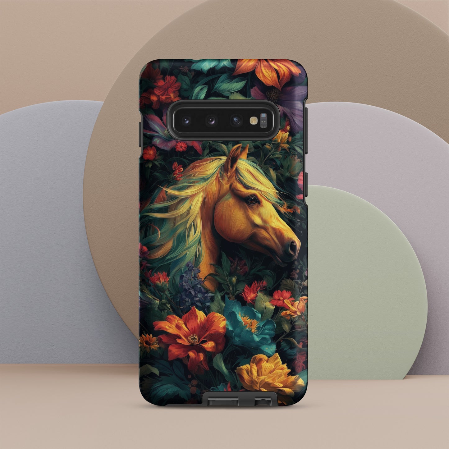 Samsung tough phone case with a horse and floral design on a colorful background by Sweet and Savage. 