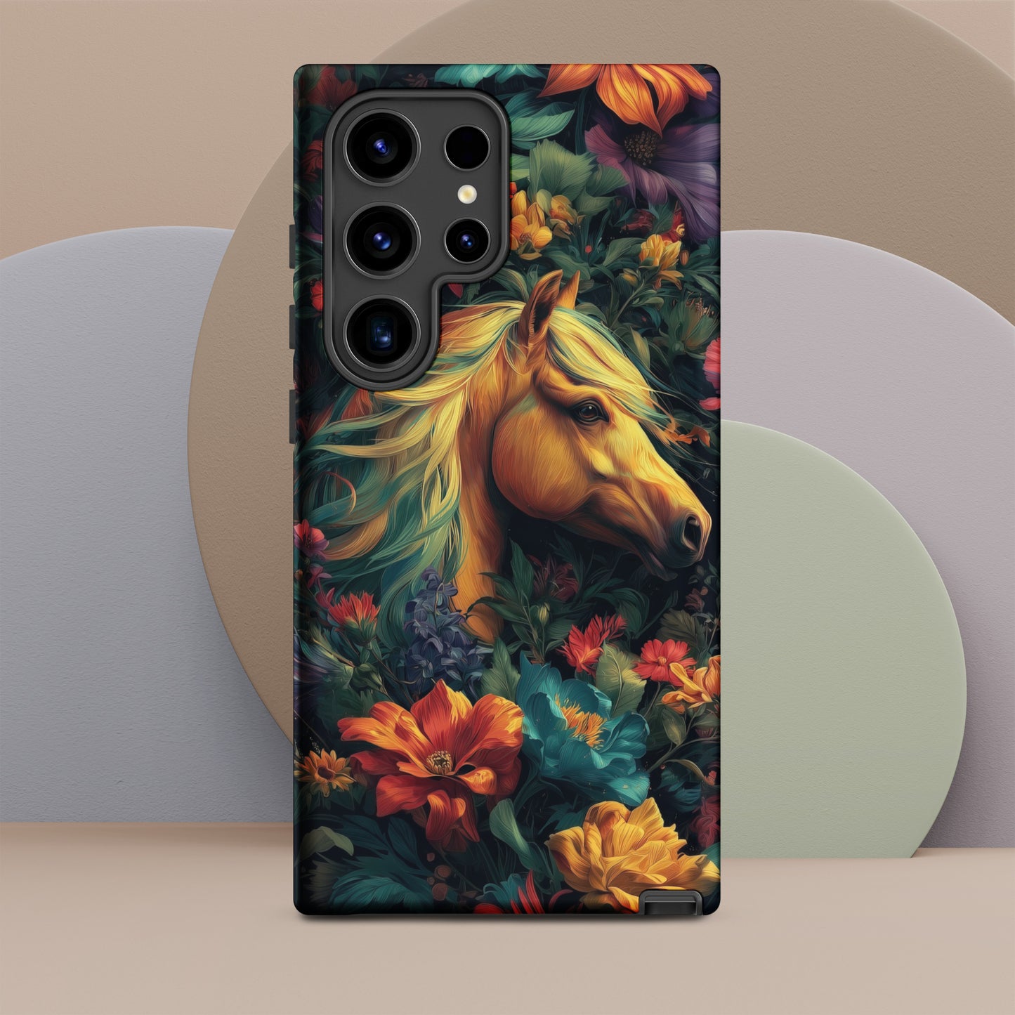 Samsung tough phone case with a horse and floral design on a colorful background by Sweet and Savage. 