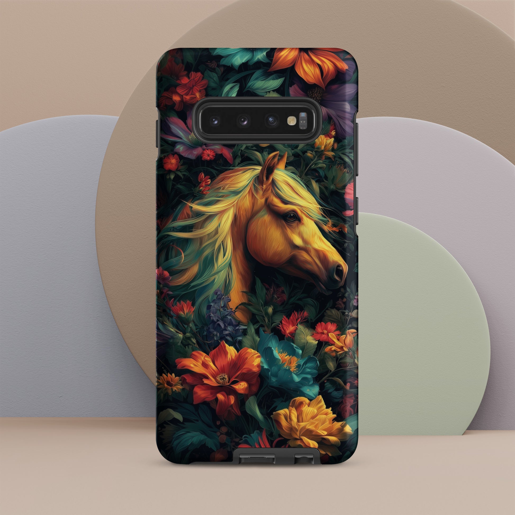 Samsung tough phone case with a horse and floral design on a colorful background by Sweet and Savage. 