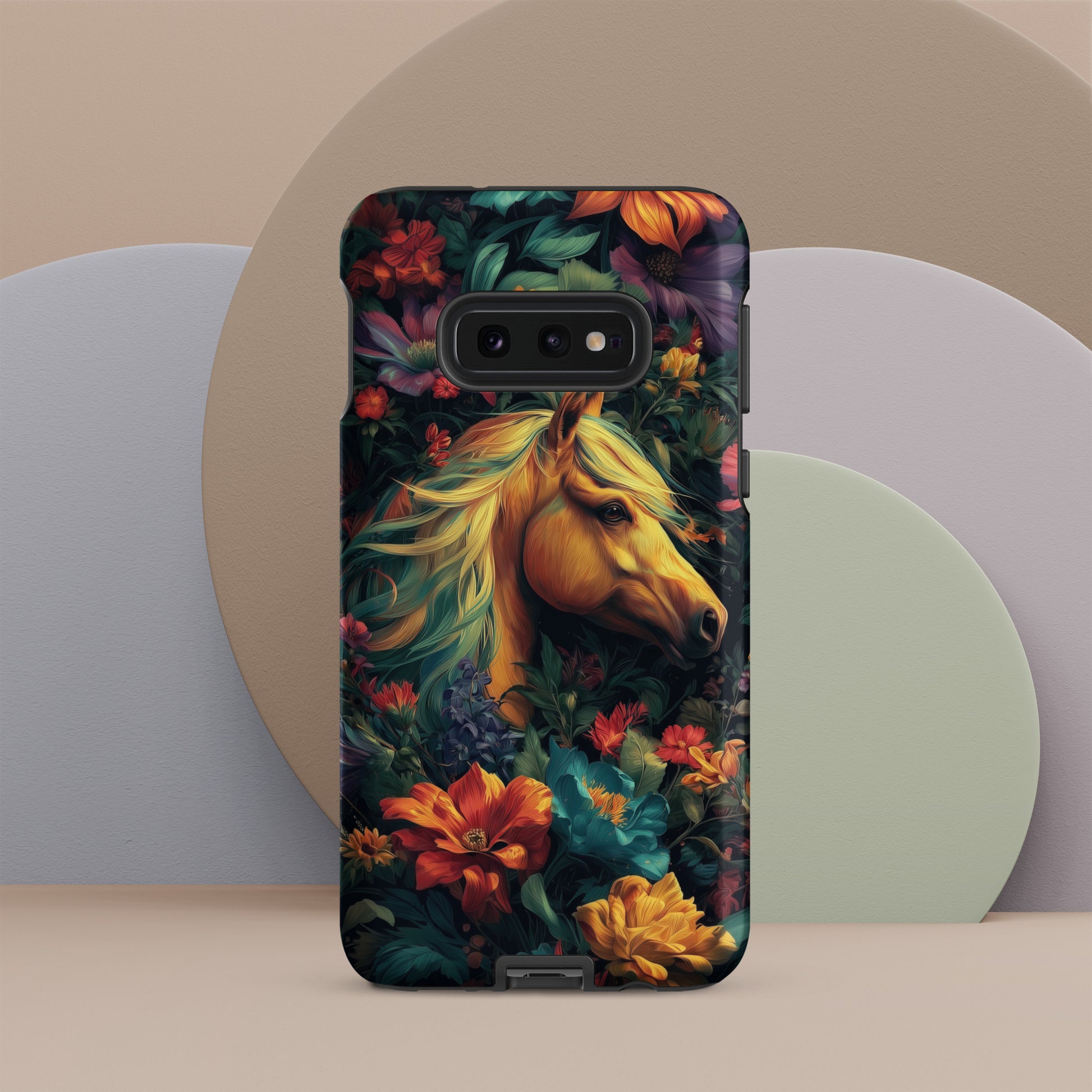 Samsung tough phone case with a horse and floral design on a colorful background by Sweet and Savage. 