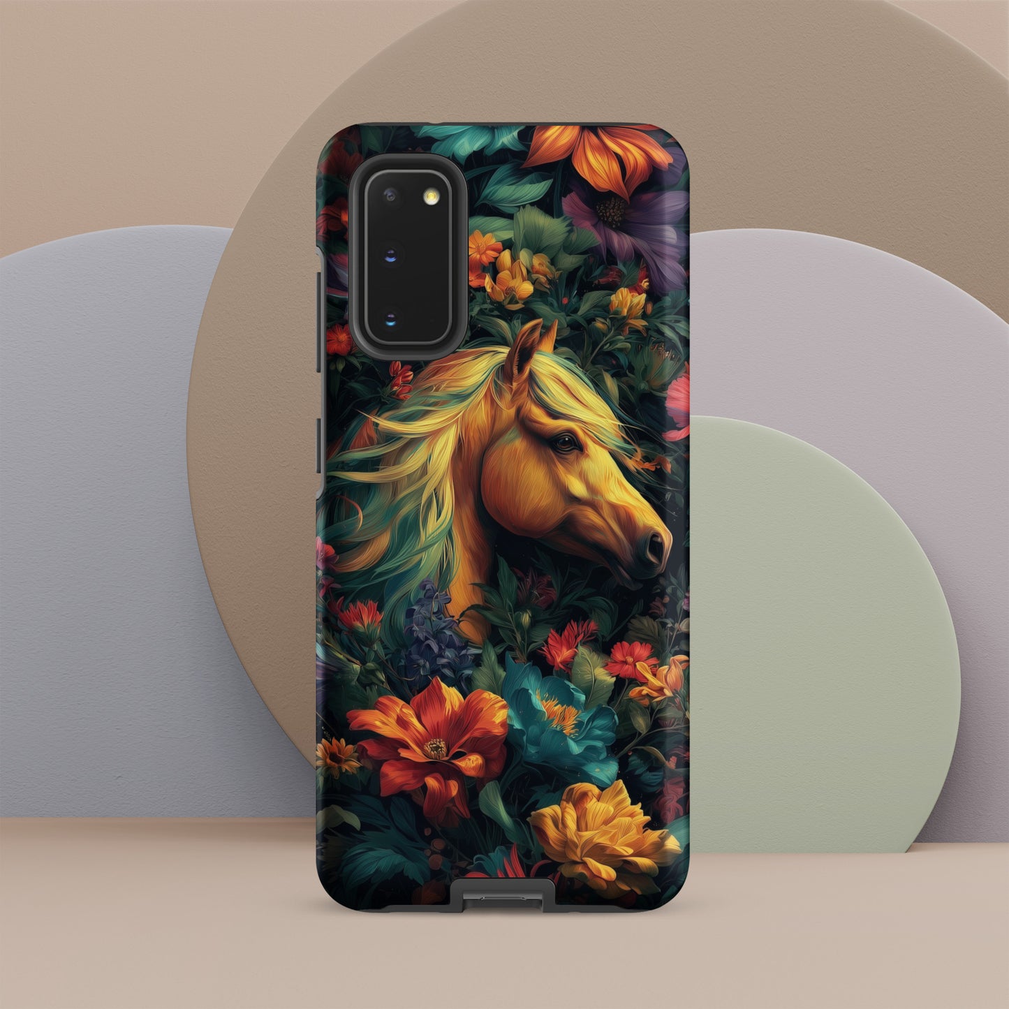 Samsung tough phone case with a horse and floral design on a colorful background by Sweet and Savage. 
