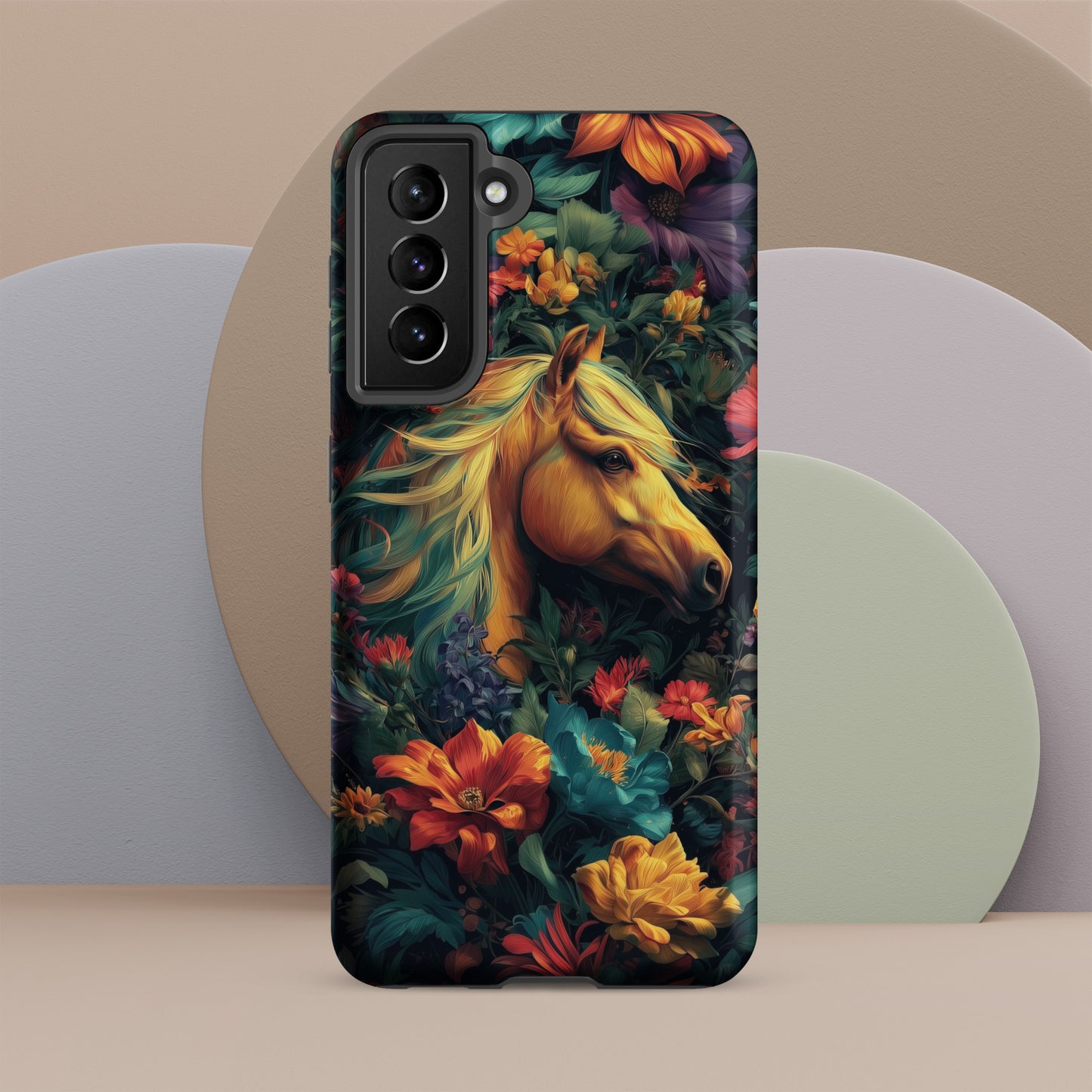 Samsung tough phone case with a horse and floral design on a colorful background by Sweet and Savage. 