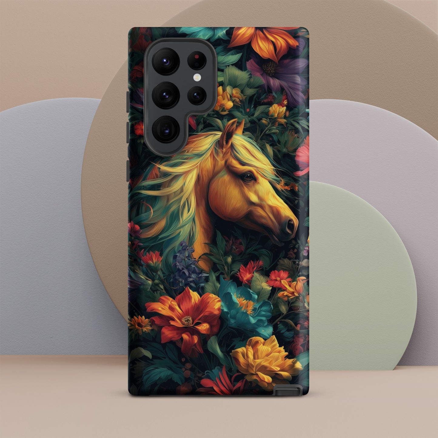 Samsung tough phone case with a horse and floral design on a colorful background by Sweet and Savage. 