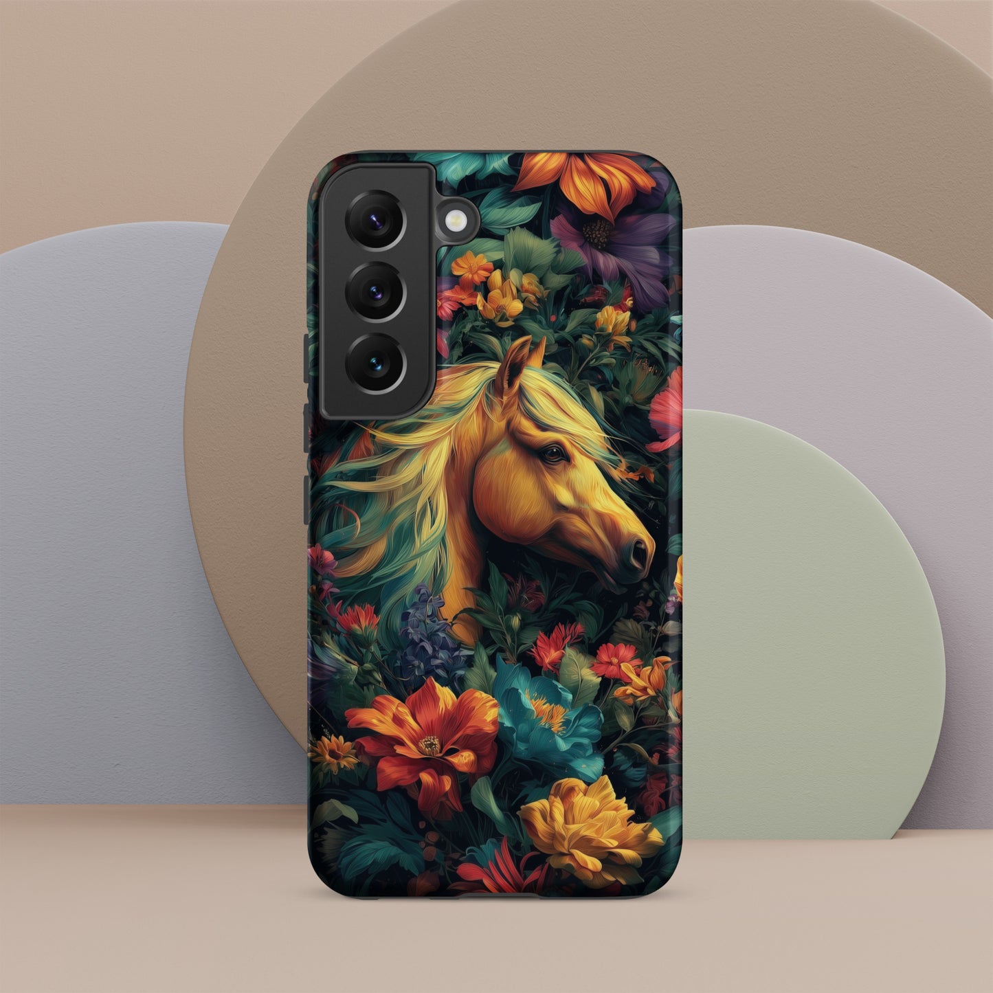 Samsung tough phone case with a horse and floral design on a colorful background by Sweet and Savage. 