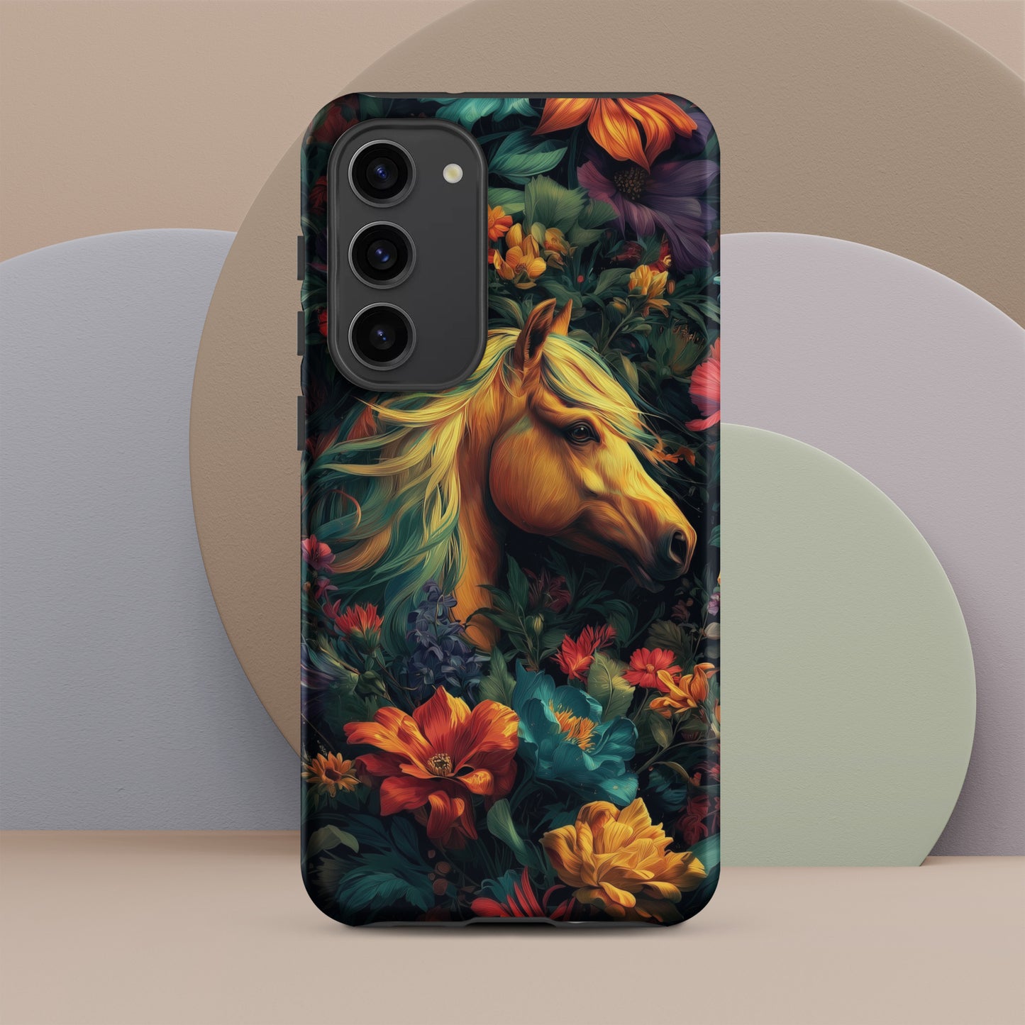 Samsung tough phone case with a horse and floral design on a colorful background by Sweet and Savage. 