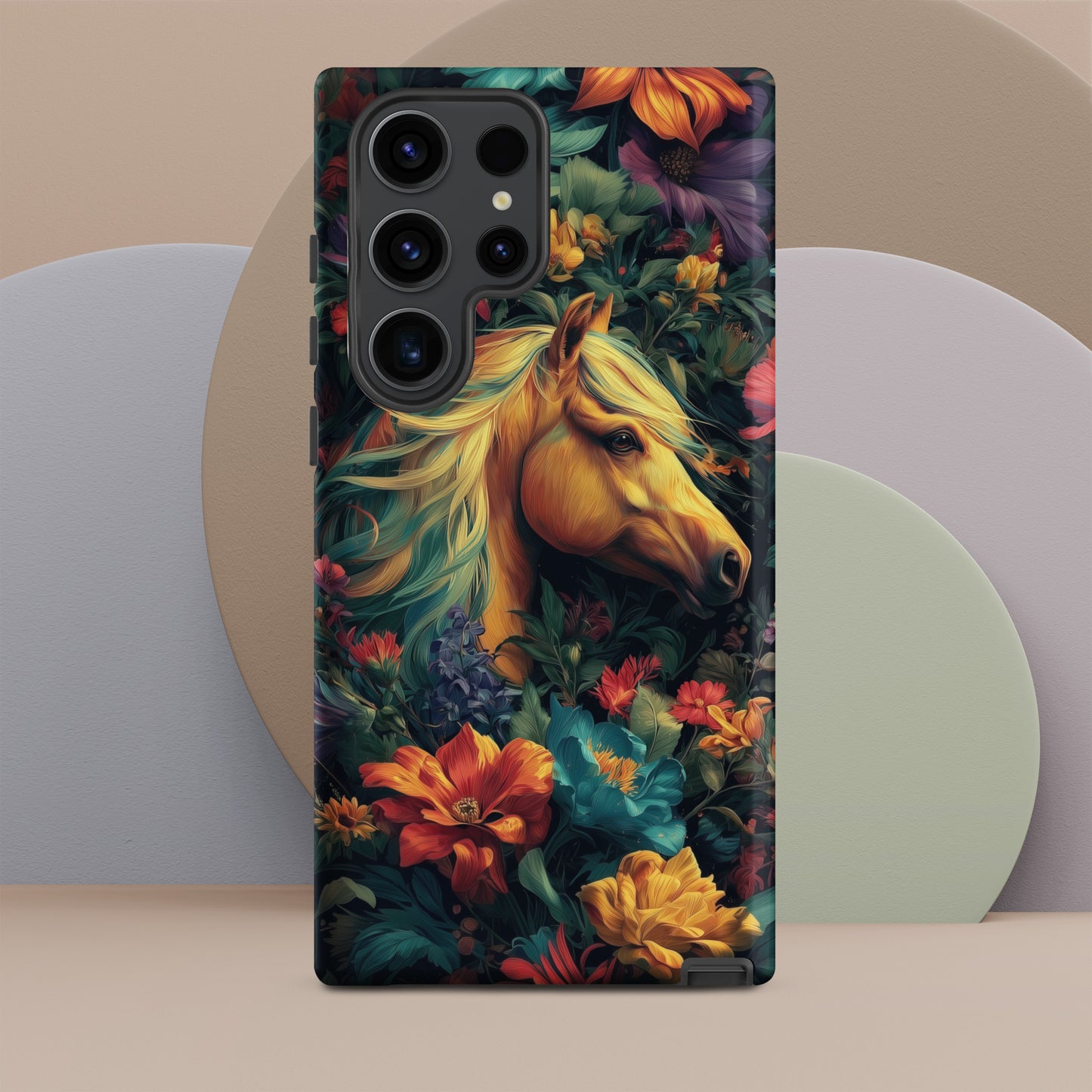 Samsung tough phone case with a horse and floral design on a colorful background by Sweet and Savage. 