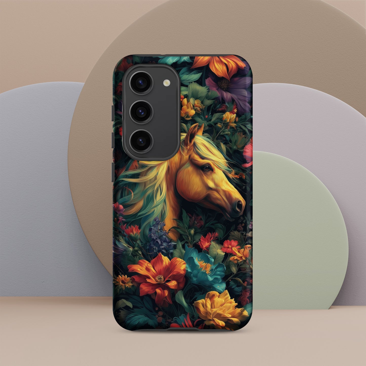 Samsung tough phone case with a horse and floral design on a colorful background by Sweet and Savage. 