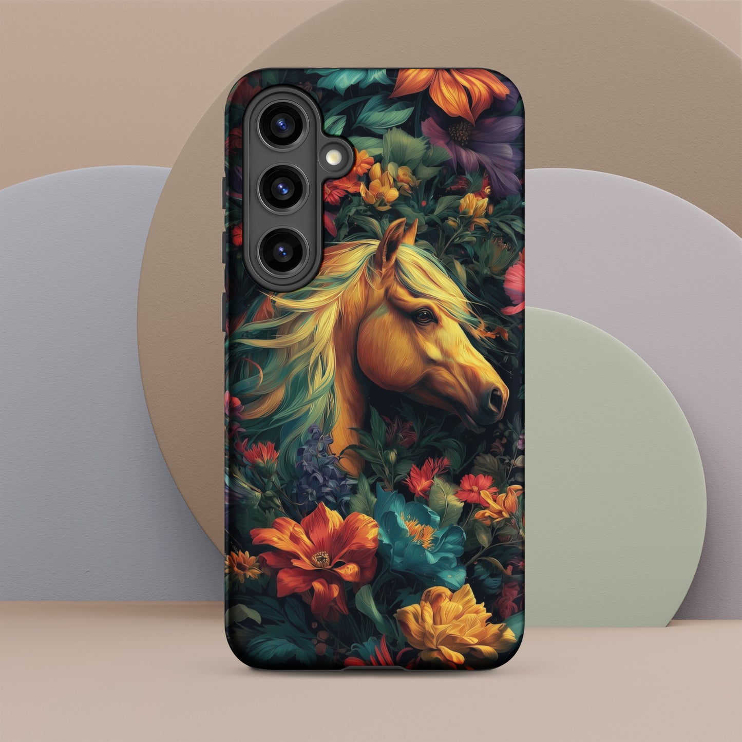 Samsung tough phone case with a horse and floral design on a colorful background by Sweet and Savage. 