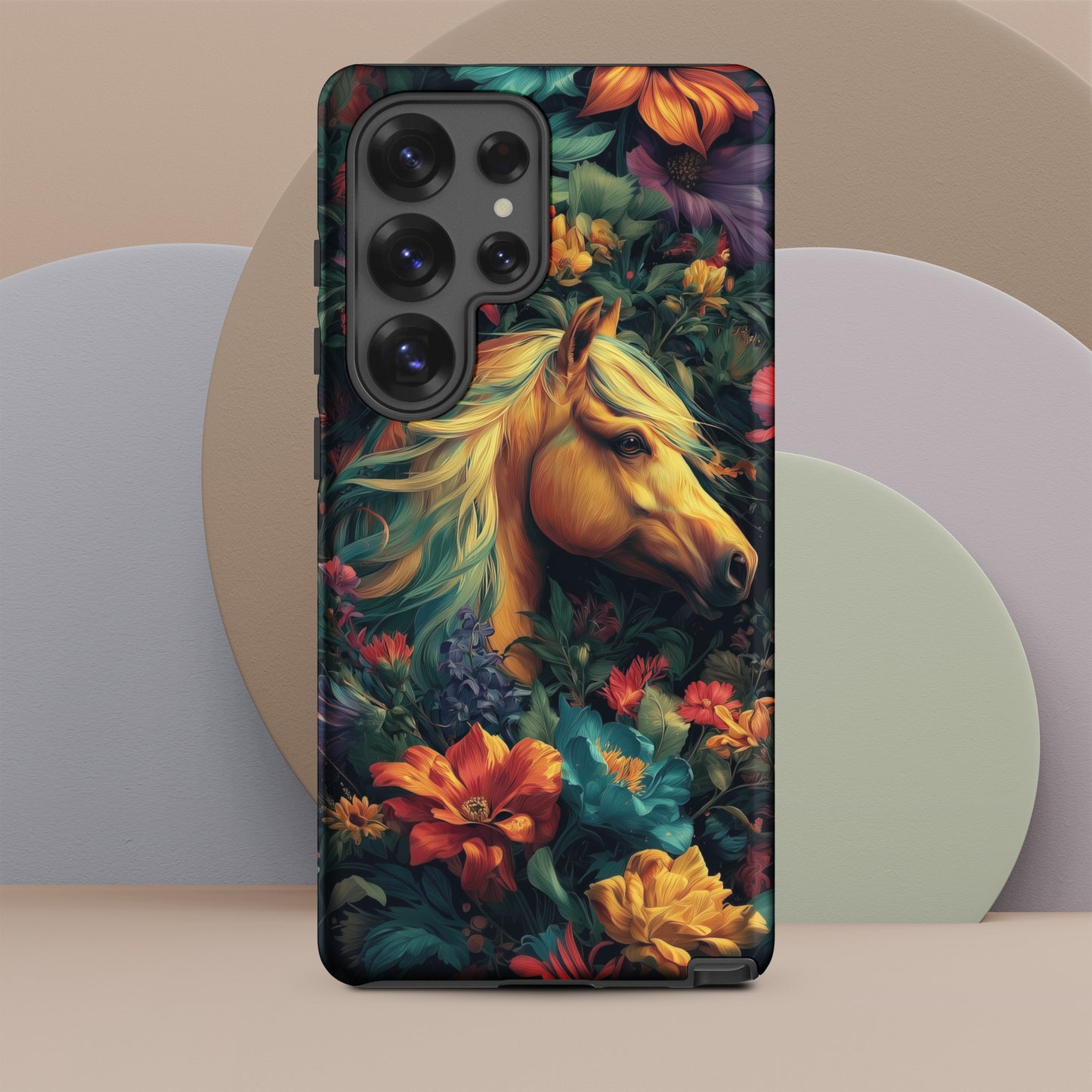 Samsung tough phone case with a horse and floral design on a colorful background by Sweet and Savage. 