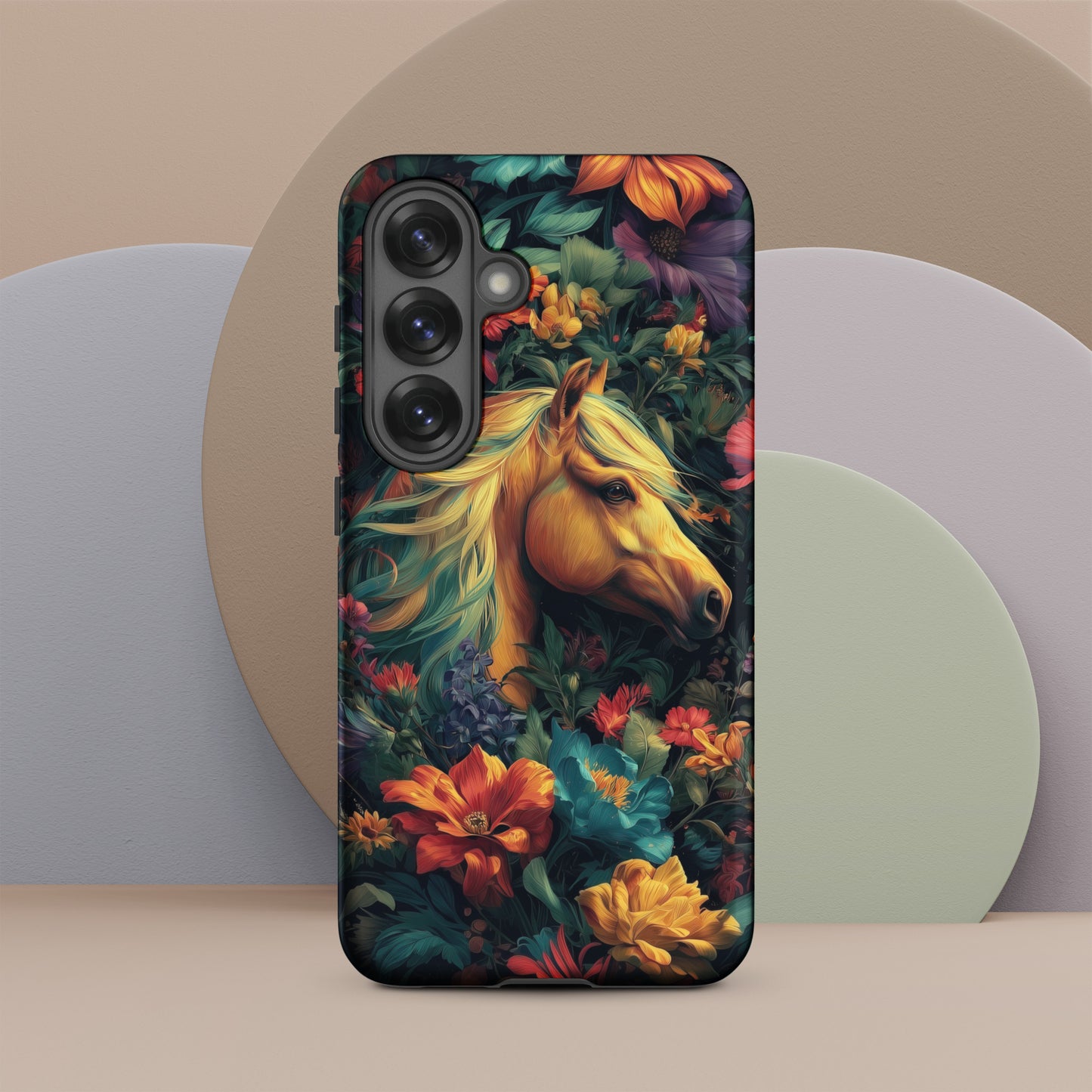 Samsung tough phone case with a horse and floral design on a colorful background by Sweet and Savage. 