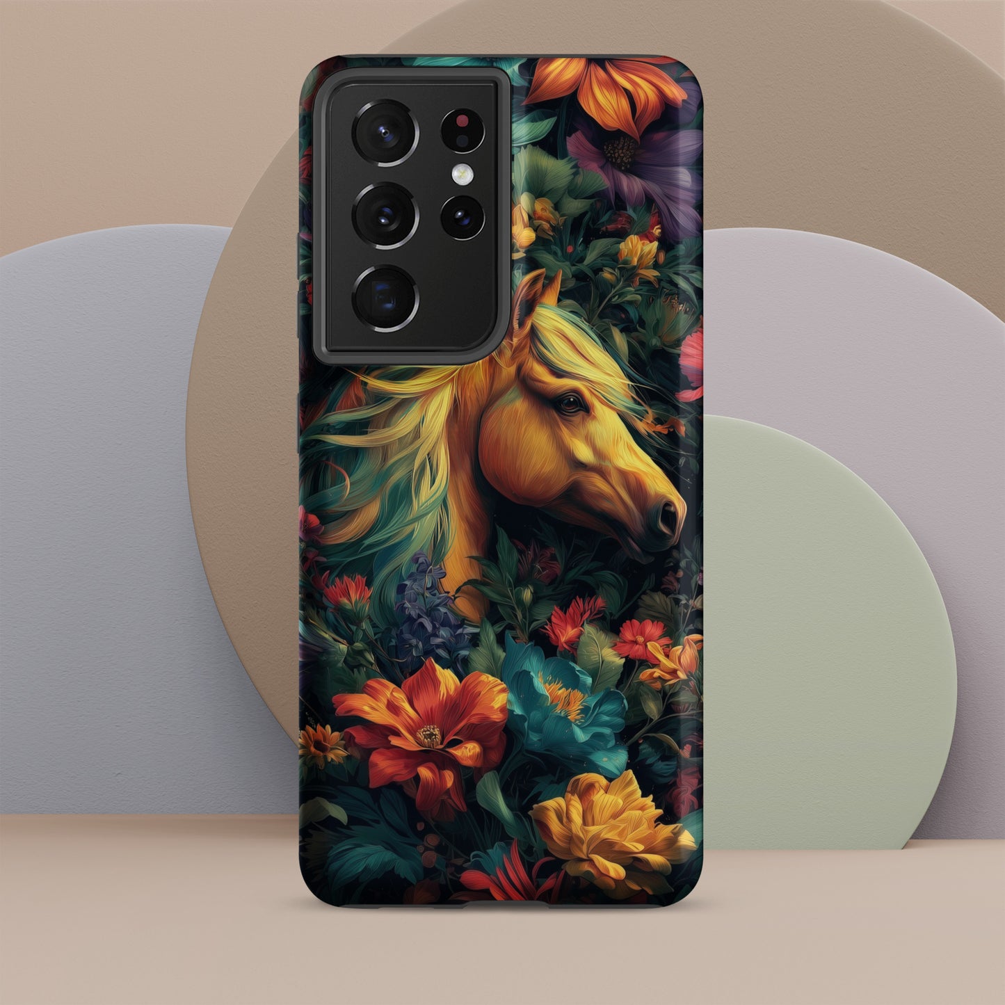 Samsung tough phone case with a horse and floral design on a colorful background by Sweet and Savage. 