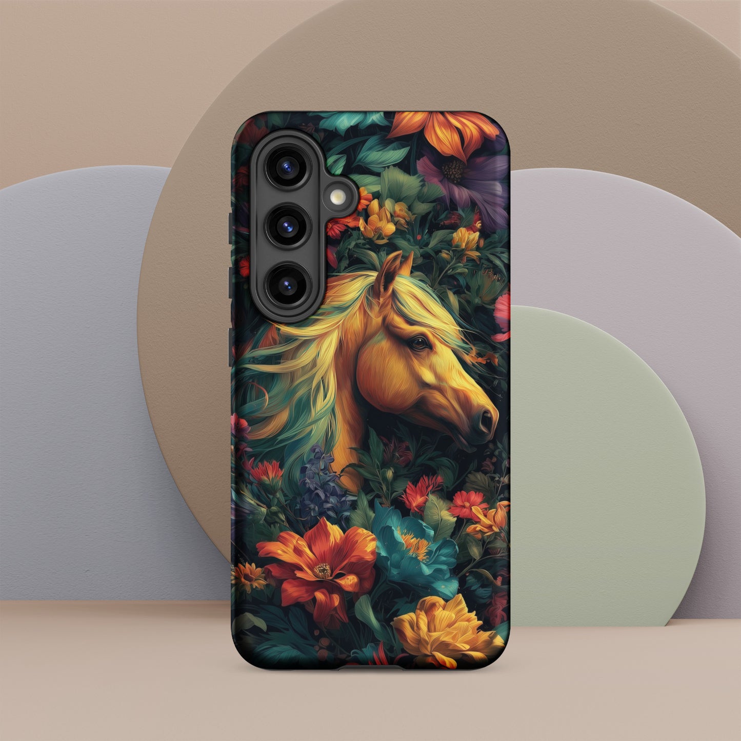 Samsung tough phone case with a horse and floral design on a colorful background by Sweet and Savage. 