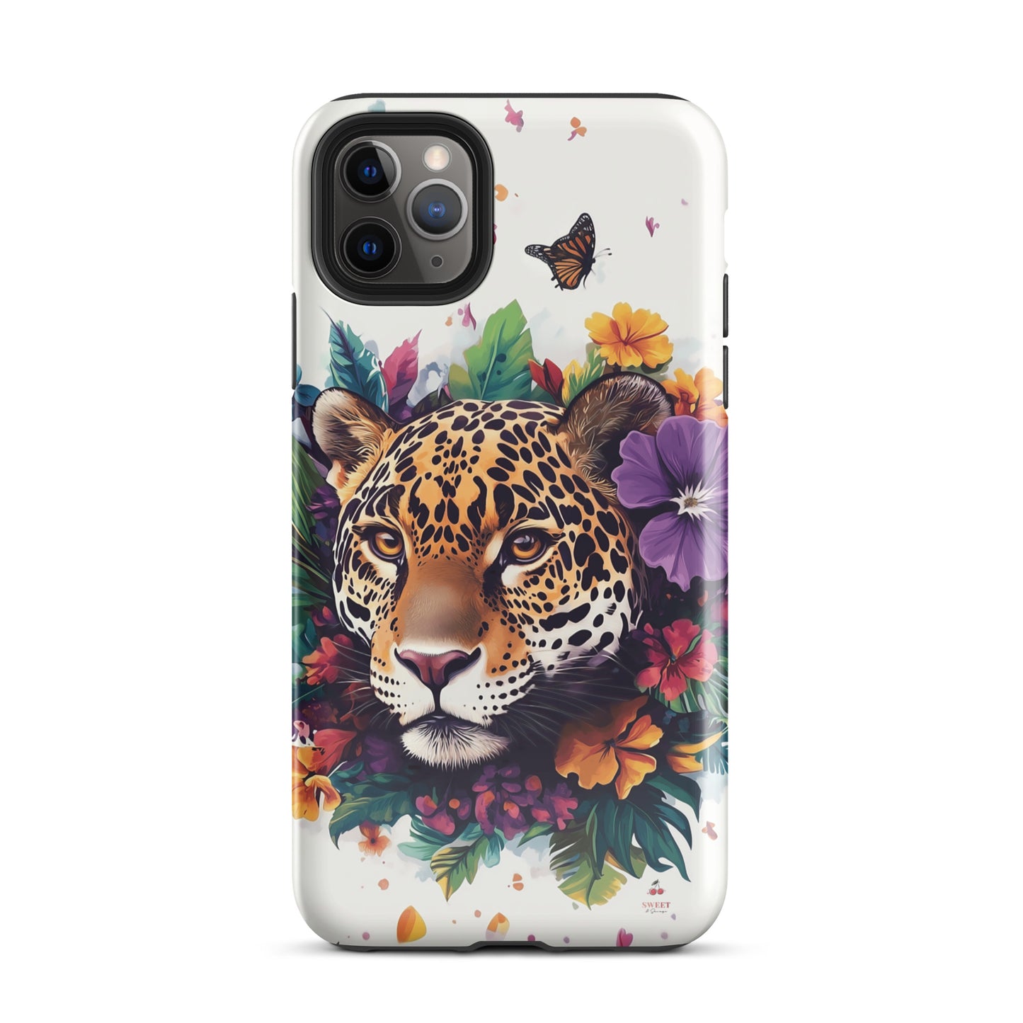 iPhone case with a jaguar design surrounded by flowers and butterflies on a white background by Sweet and Savage. 
