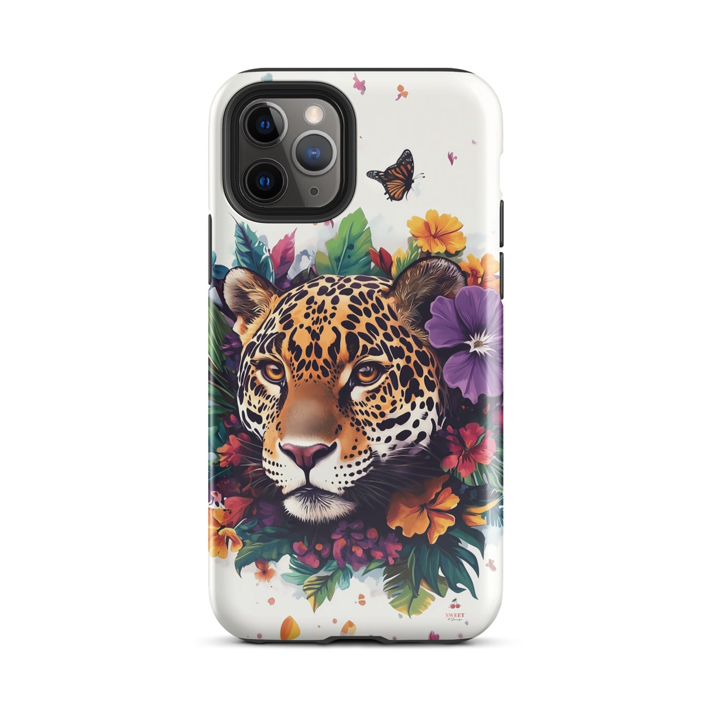 iPhone case with a jaguar design surrounded by flowers and butterflies on a white background by Sweet and Savage. 
