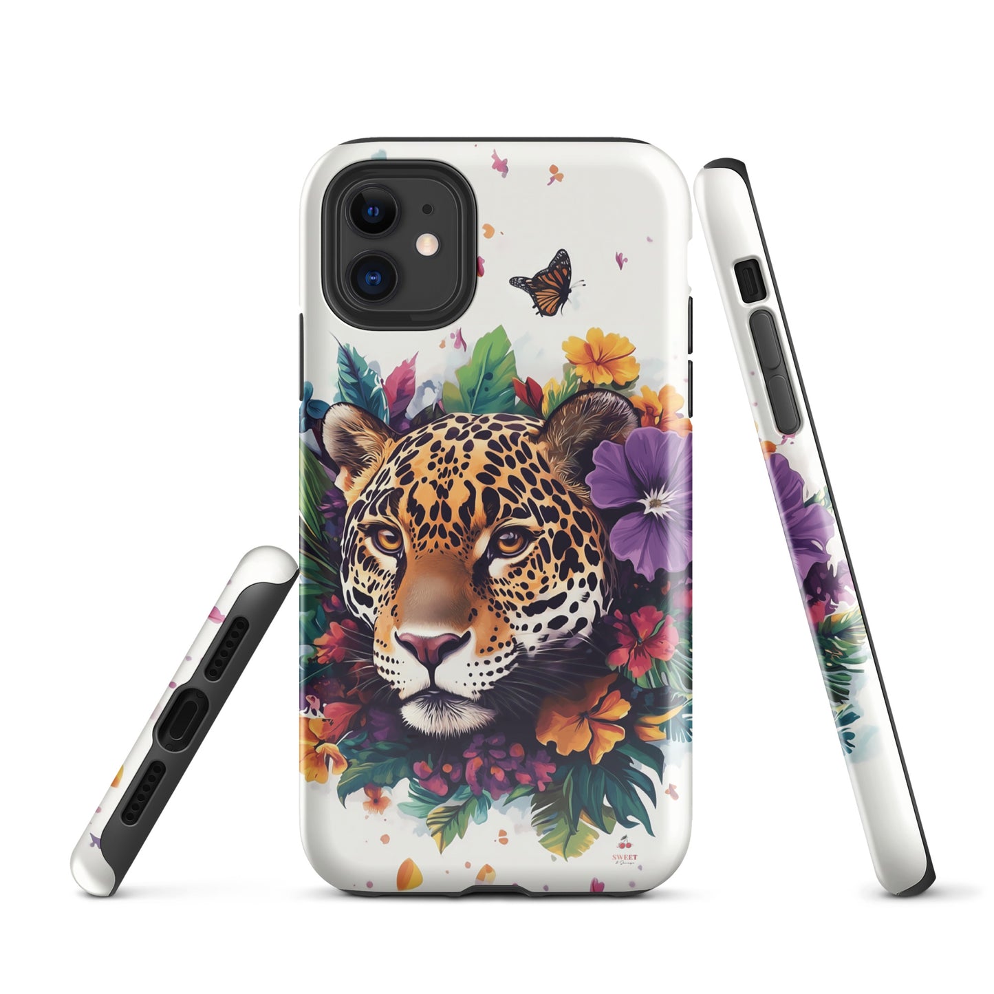 iPhone case with a jaguar design surrounded by flowers and butterflies on a white background by Sweet and Savage. 