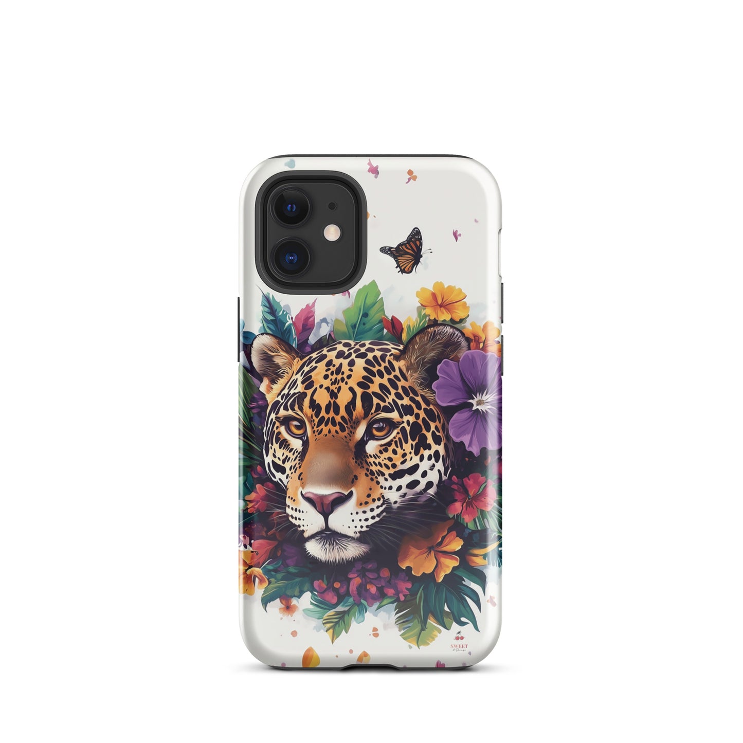iPhone case with a jaguar design surrounded by flowers and butterflies on a white background by Sweet and Savage. 