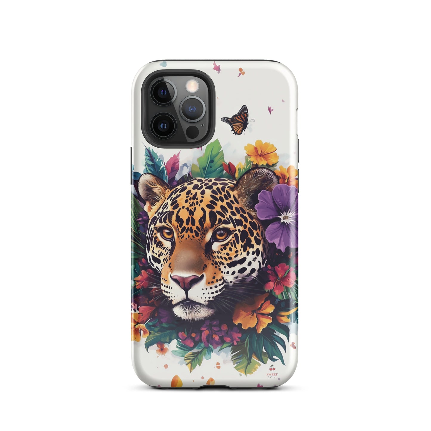iPhone case with a jaguar design surrounded by flowers and butterflies on a white background by Sweet and Savage. 
