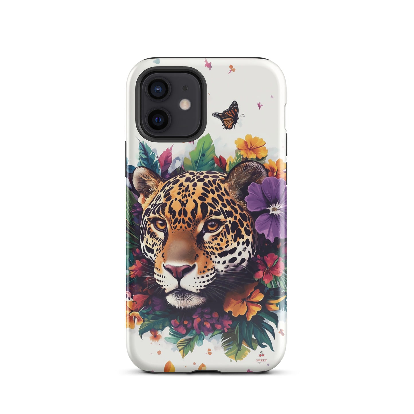 iPhone case with a jaguar design surrounded by flowers and butterflies on a white background by Sweet and Savage. 