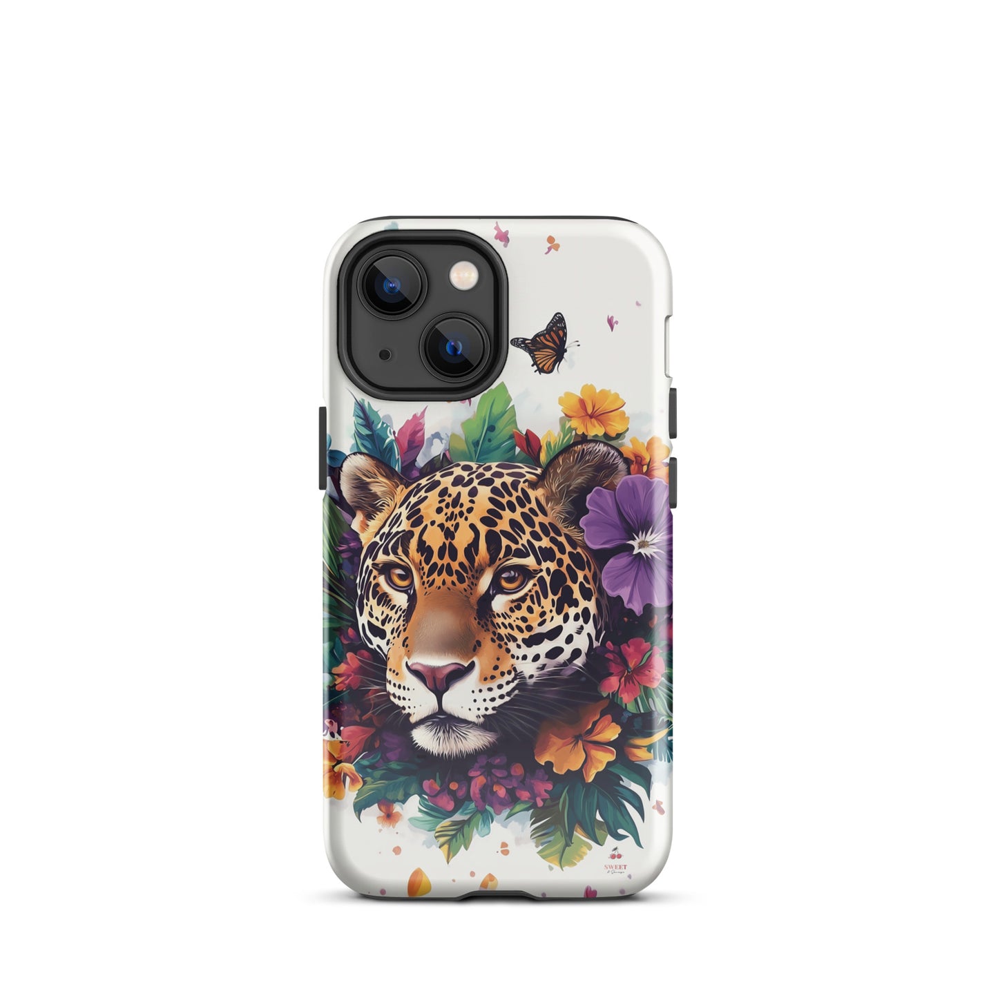 iPhone case with a jaguar design surrounded by flowers and butterflies on a white background by Sweet and Savage. 