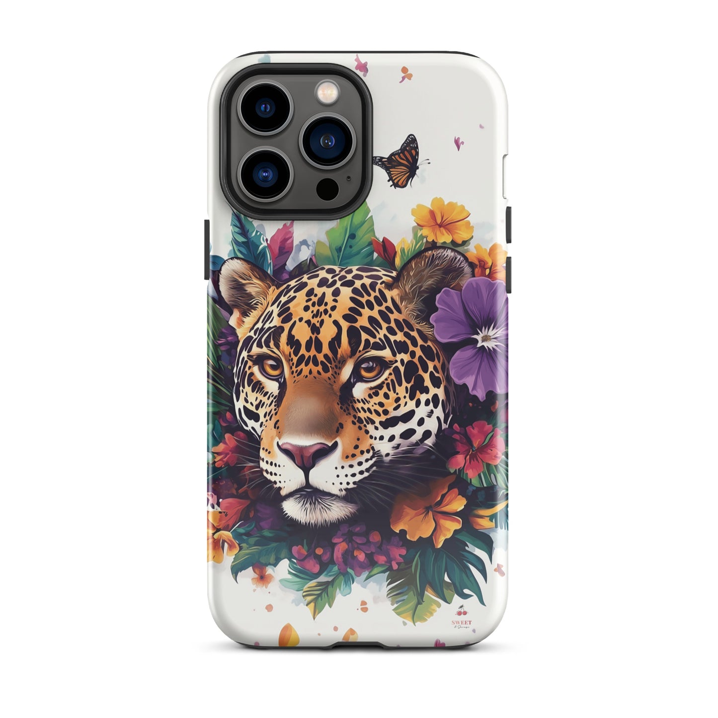 iPhone case with a jaguar design surrounded by flowers and butterflies on a white background by Sweet and Savage. 