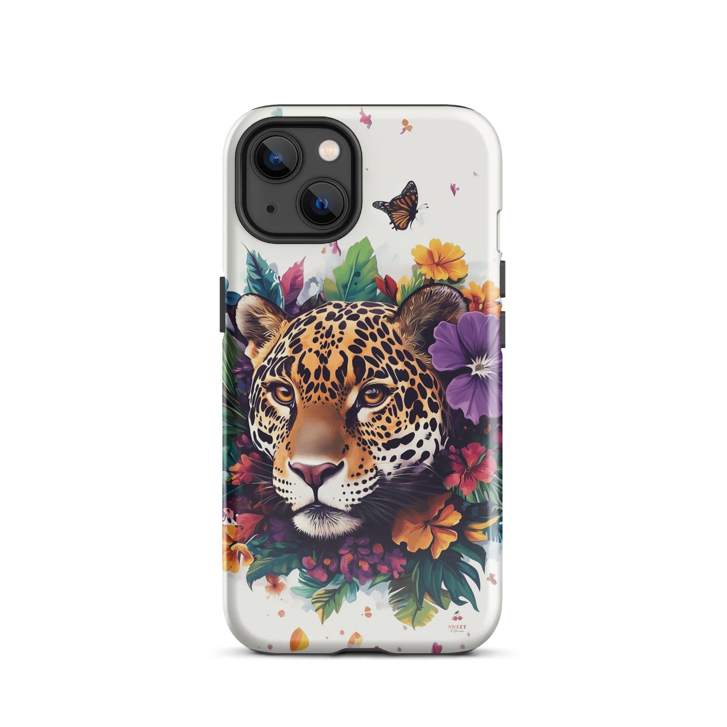 iPhone case with a jaguar design surrounded by flowers and butterflies on a white background by Sweet and Savage. 