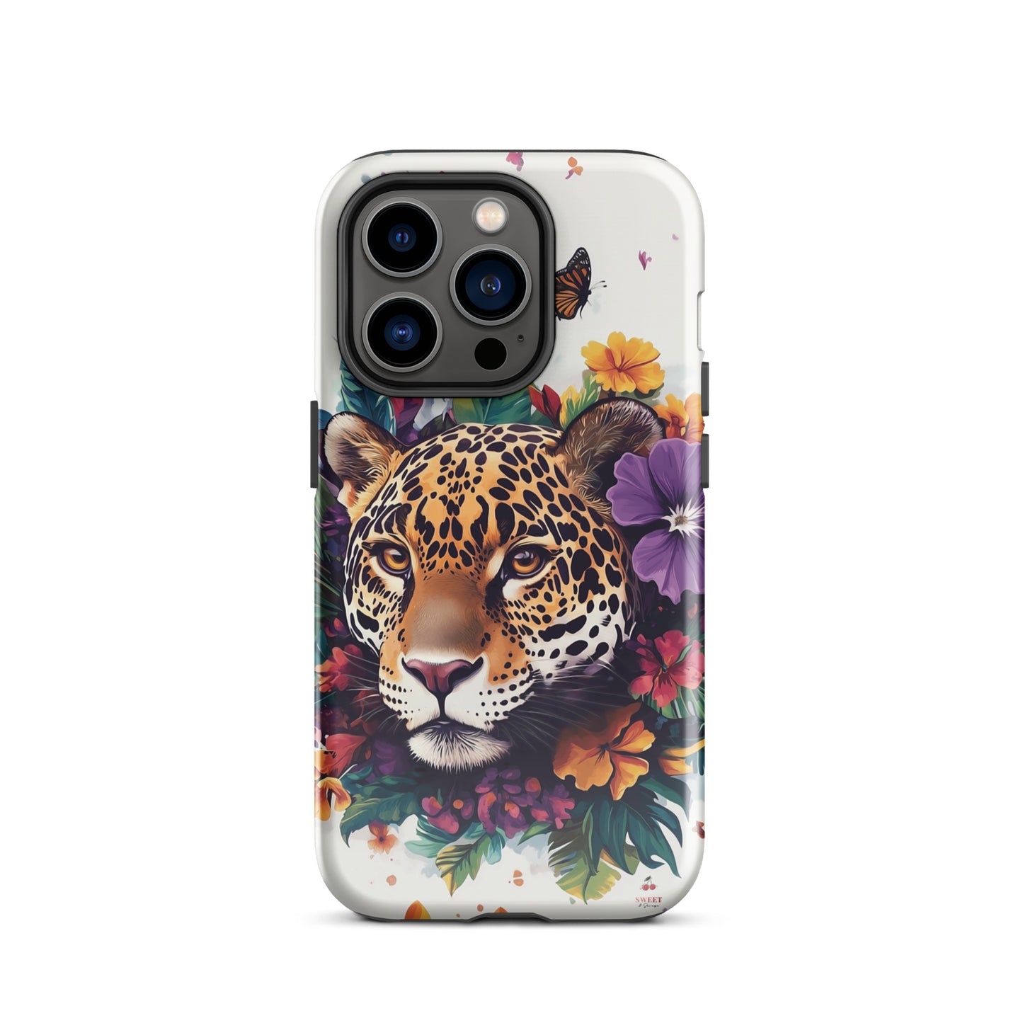 iPhone case with a jaguar design surrounded by flowers and butterflies on a white background by Sweet and Savage. 