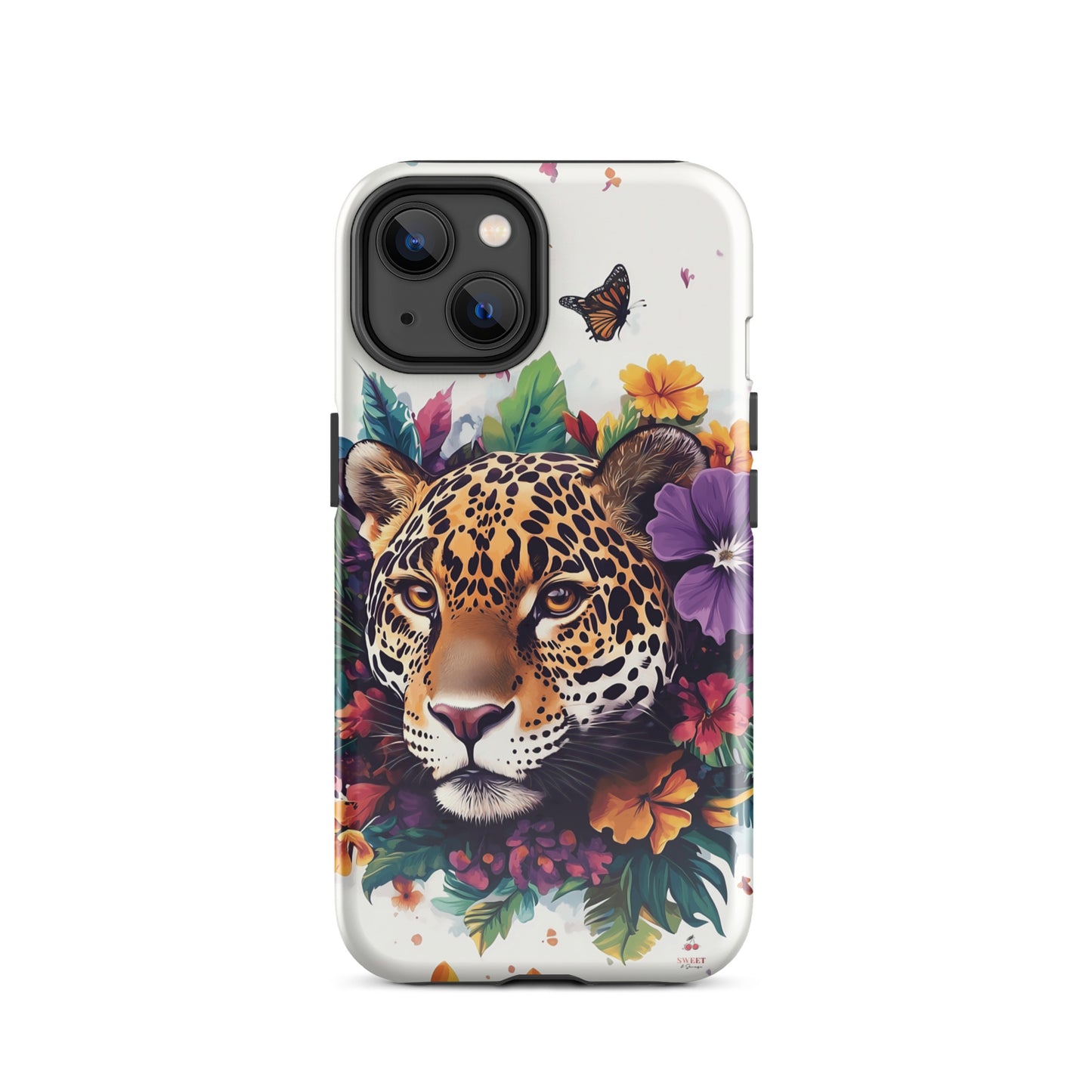 iPhone case with a jaguar design surrounded by flowers and butterflies on a white background by Sweet and Savage. 