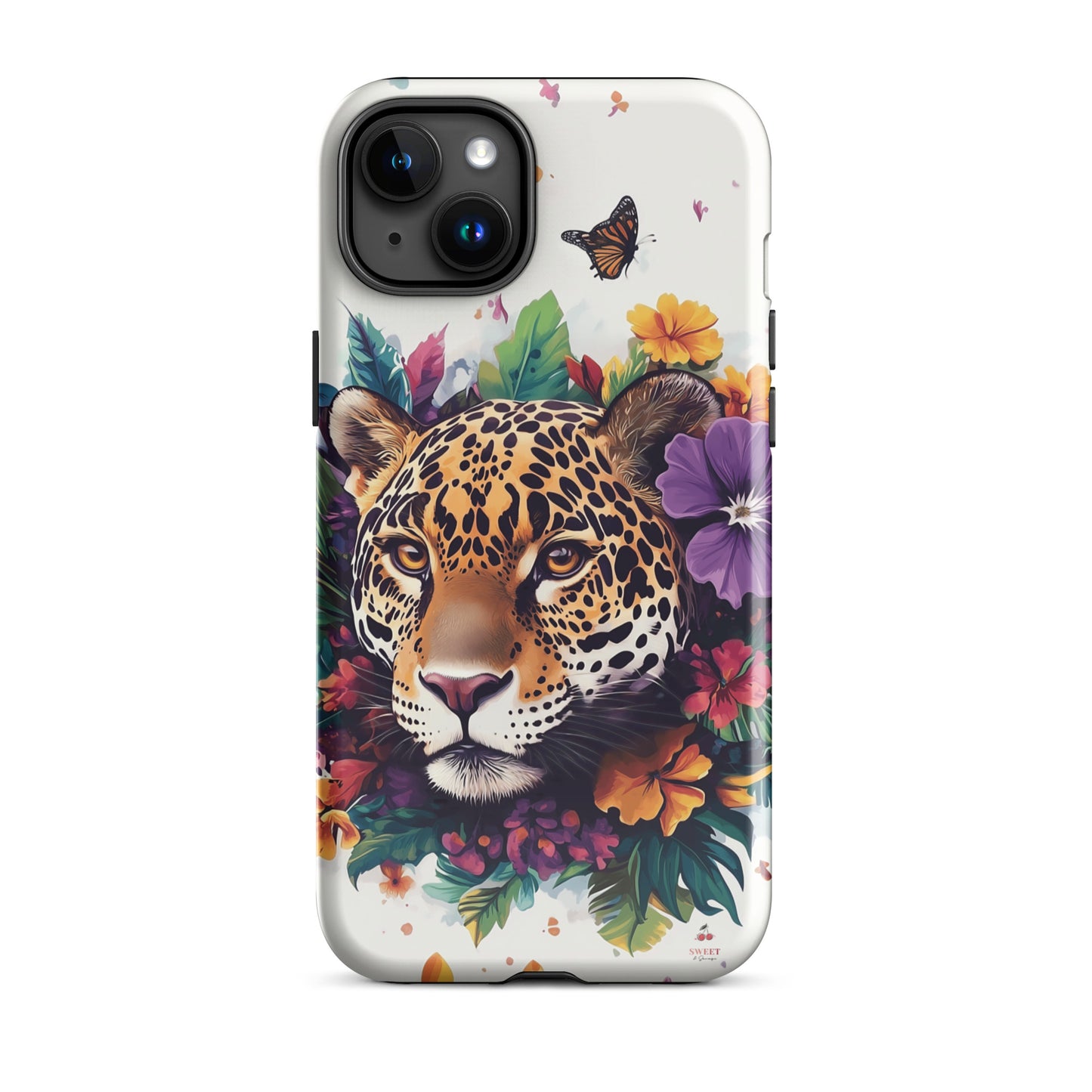 iPhone case with a jaguar design surrounded by flowers and butterflies on a white background by Sweet and Savage. 