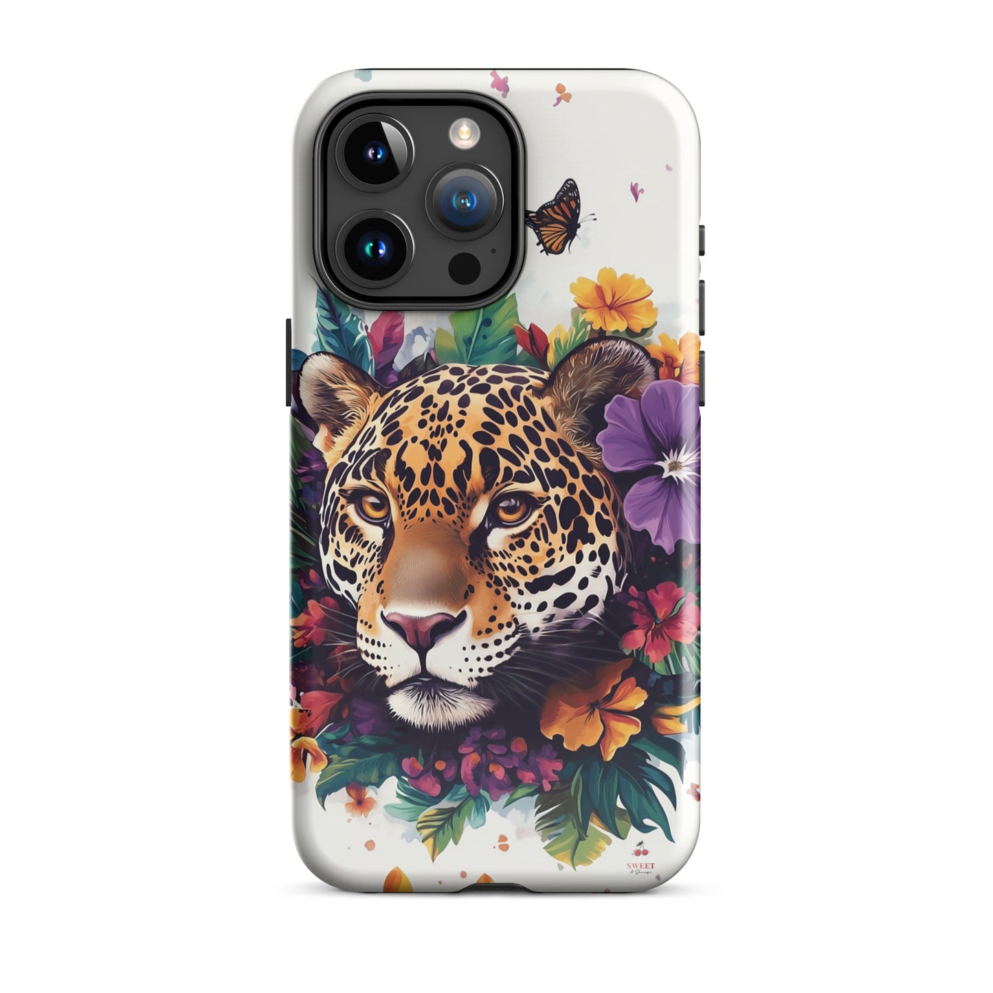 iPhone case with a jaguar design surrounded by flowers and butterflies on a white background by Sweet and Savage. 