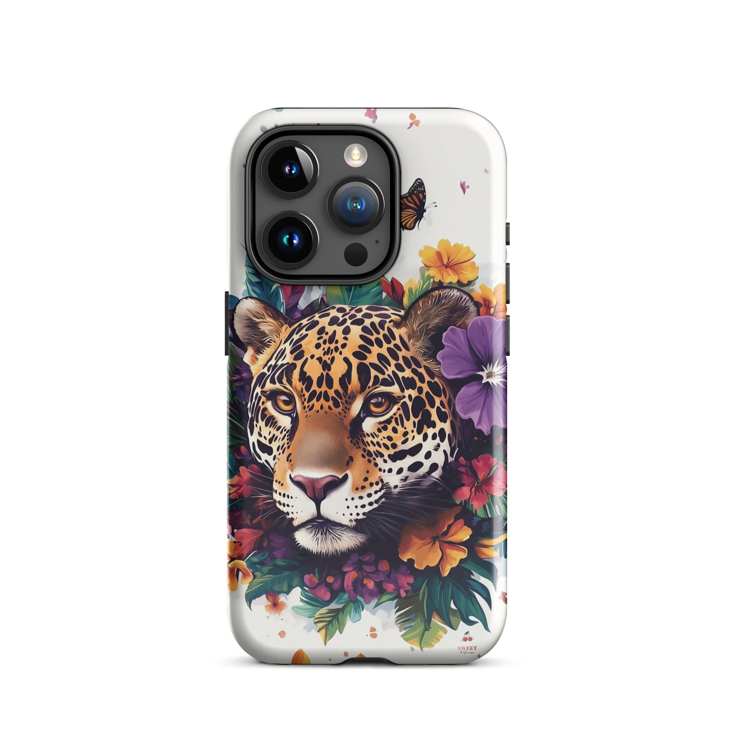 iPhone case with a jaguar design surrounded by flowers and butterflies on a white background by Sweet and Savage. 