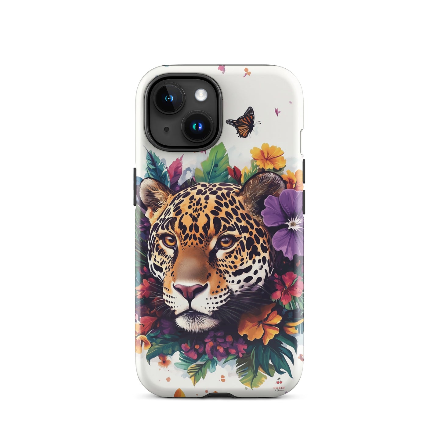 iPhone case with a jaguar design surrounded by flowers and butterflies on a white background by Sweet and Savage. 