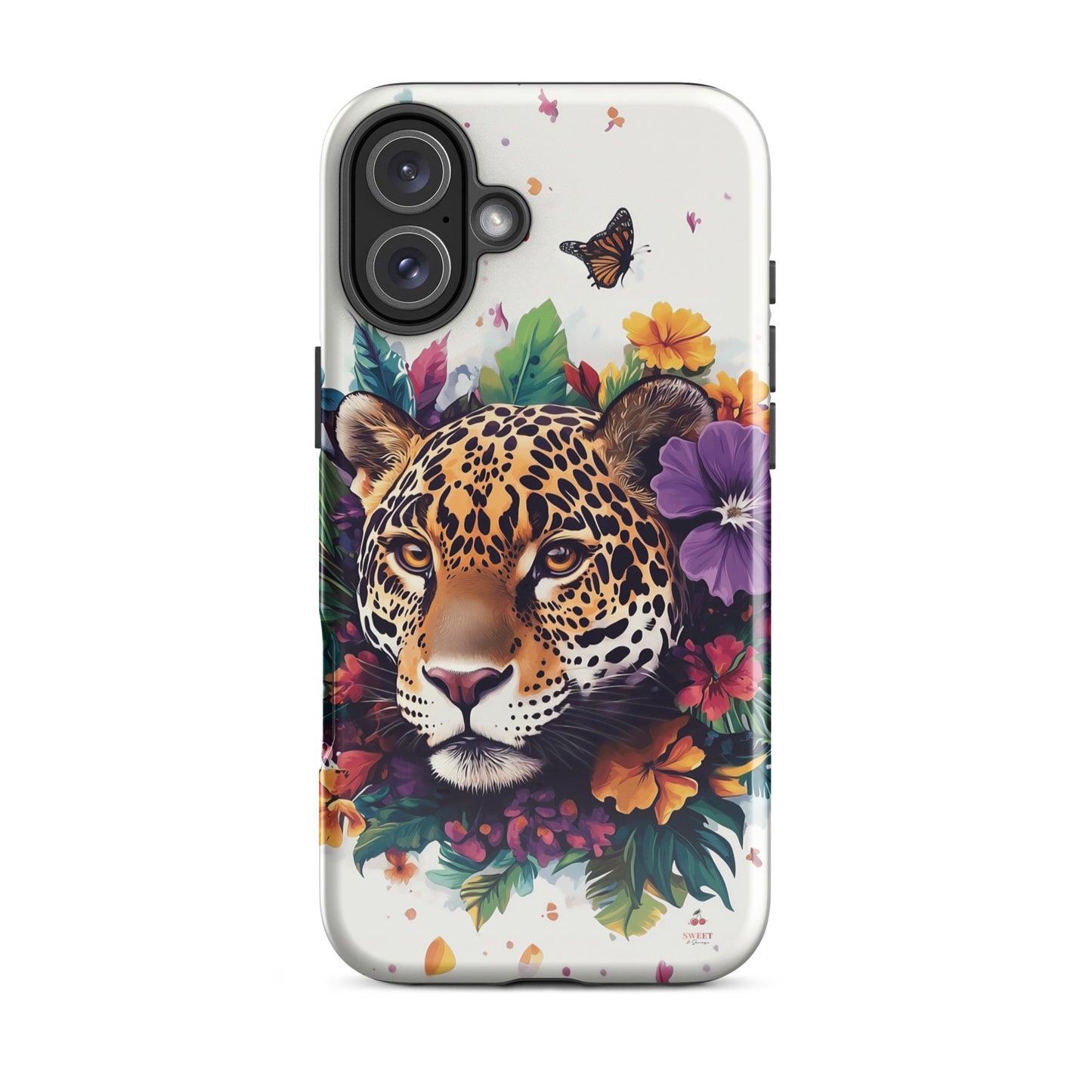 iPhone case with a jaguar design surrounded by flowers and butterflies on a white background by Sweet and Savage. 