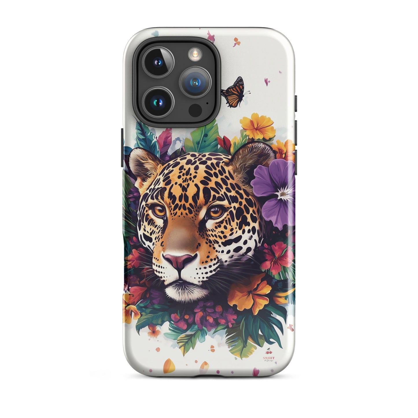 iPhone case with a jaguar design surrounded by flowers and butterflies on a white background by Sweet and Savage. 