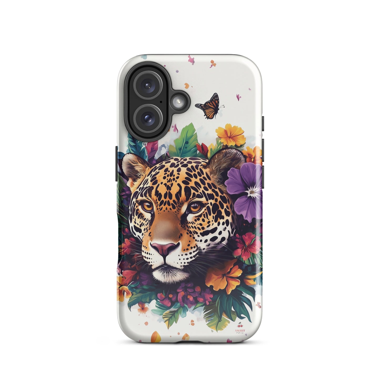 iPhone case with a jaguar design surrounded by flowers and butterflies on a white background by Sweet and Savage. 