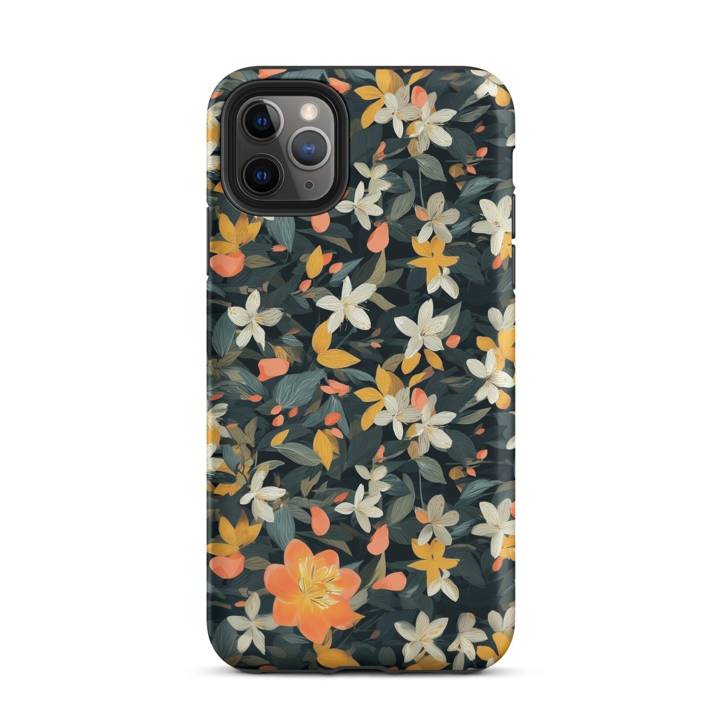 Tough iPhone® case featuring a dark botanical pattern with white jasmine flowers and mint-colored accents.