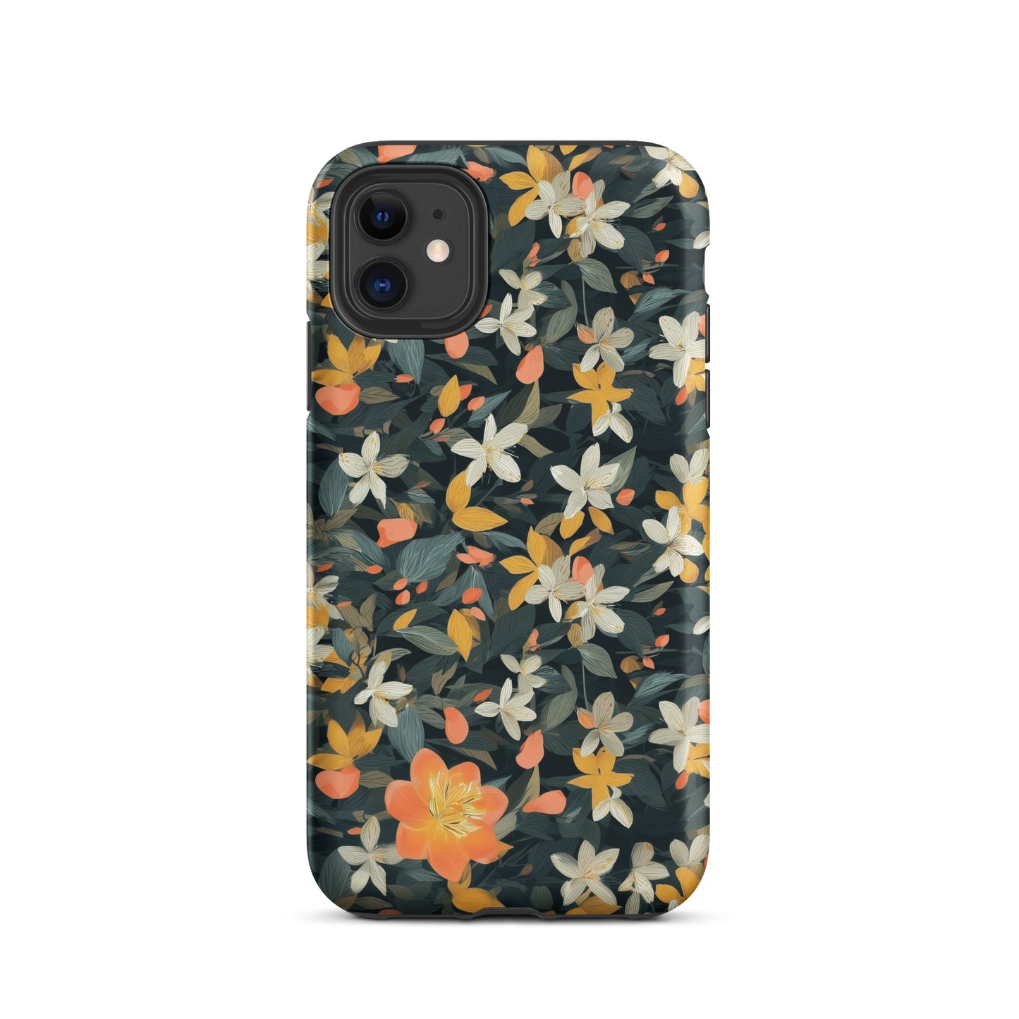 Tough iPhone® case featuring a dark botanical pattern with white jasmine flowers and mint-colored accents.