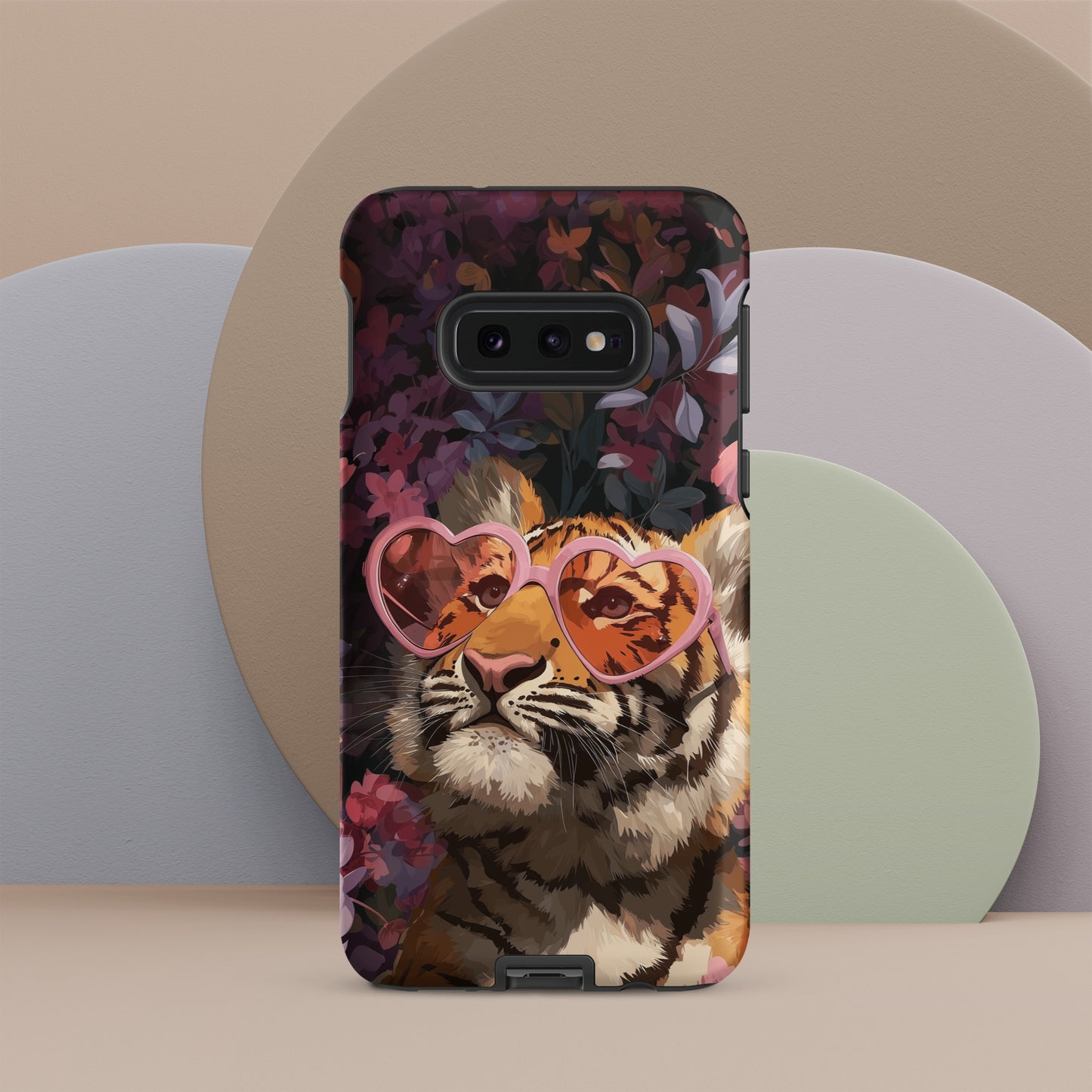 Samsung phone case with a tiger design wearing heart-shaped sunglasses by Sweet and Savage. 