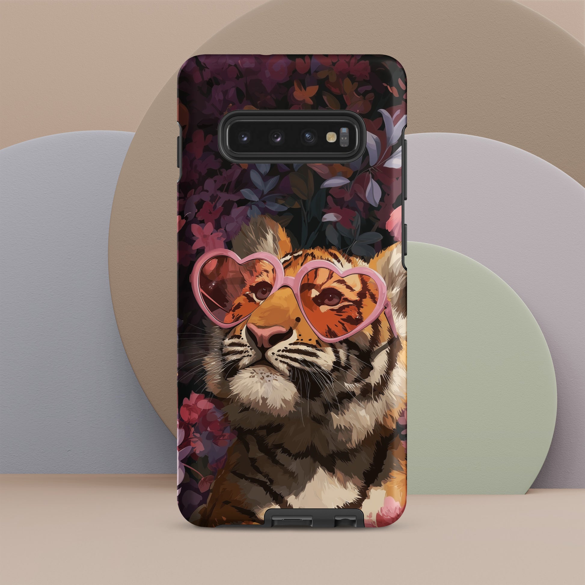 Samsung phone case with a tiger design wearing heart-shaped sunglasses by Sweet and Savage. 