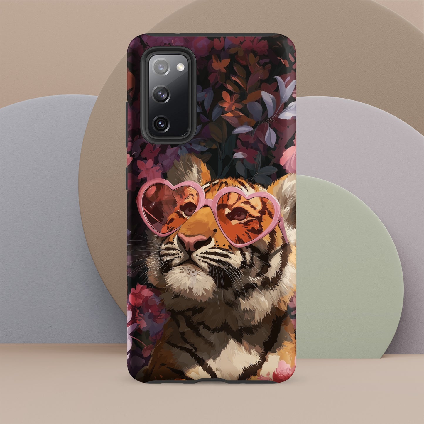Samsung phone case with a tiger design wearing heart-shaped sunglasses by Sweet and Savage. 