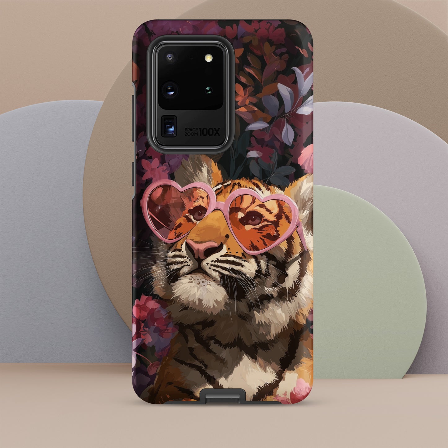 Samsung phone case with a tiger design wearing heart-shaped sunglasses by Sweet and Savage. 