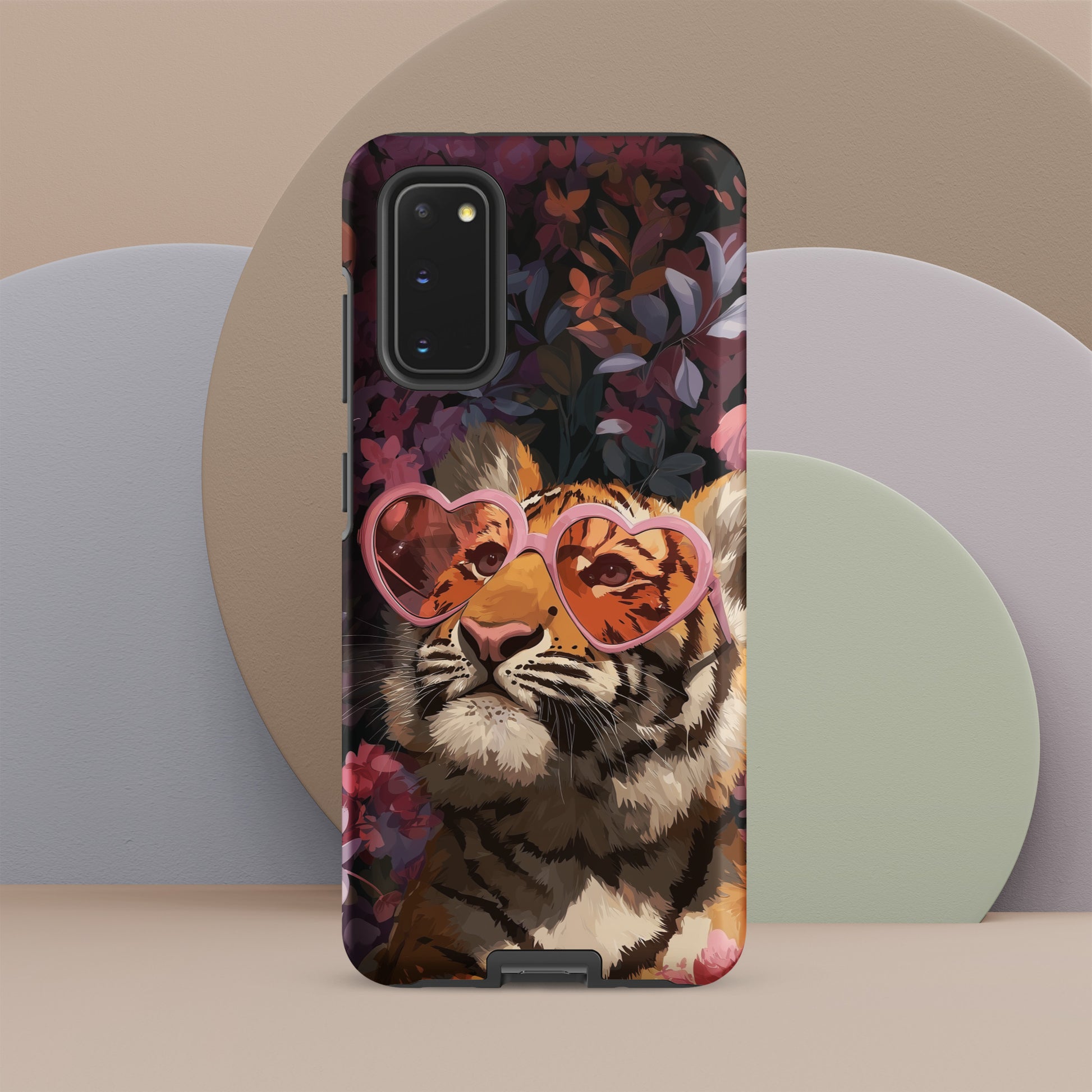 Samsung phone case with a tiger design wearing heart-shaped sunglasses by Sweet and Savage. 