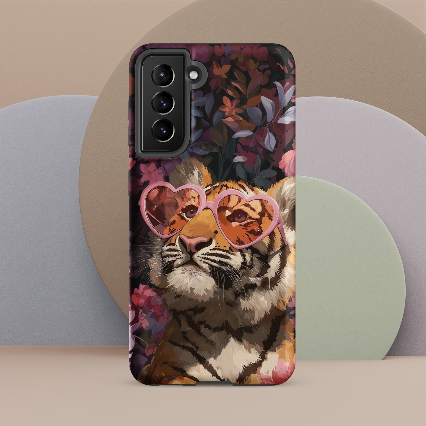 Samsung phone case with a tiger design wearing heart-shaped sunglasses by Sweet and Savage. 