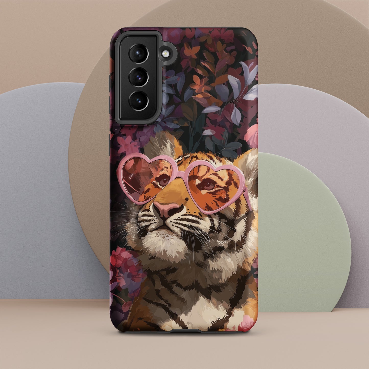 Samsung phone case with a tiger design wearing heart-shaped sunglasses by Sweet and Savage. 