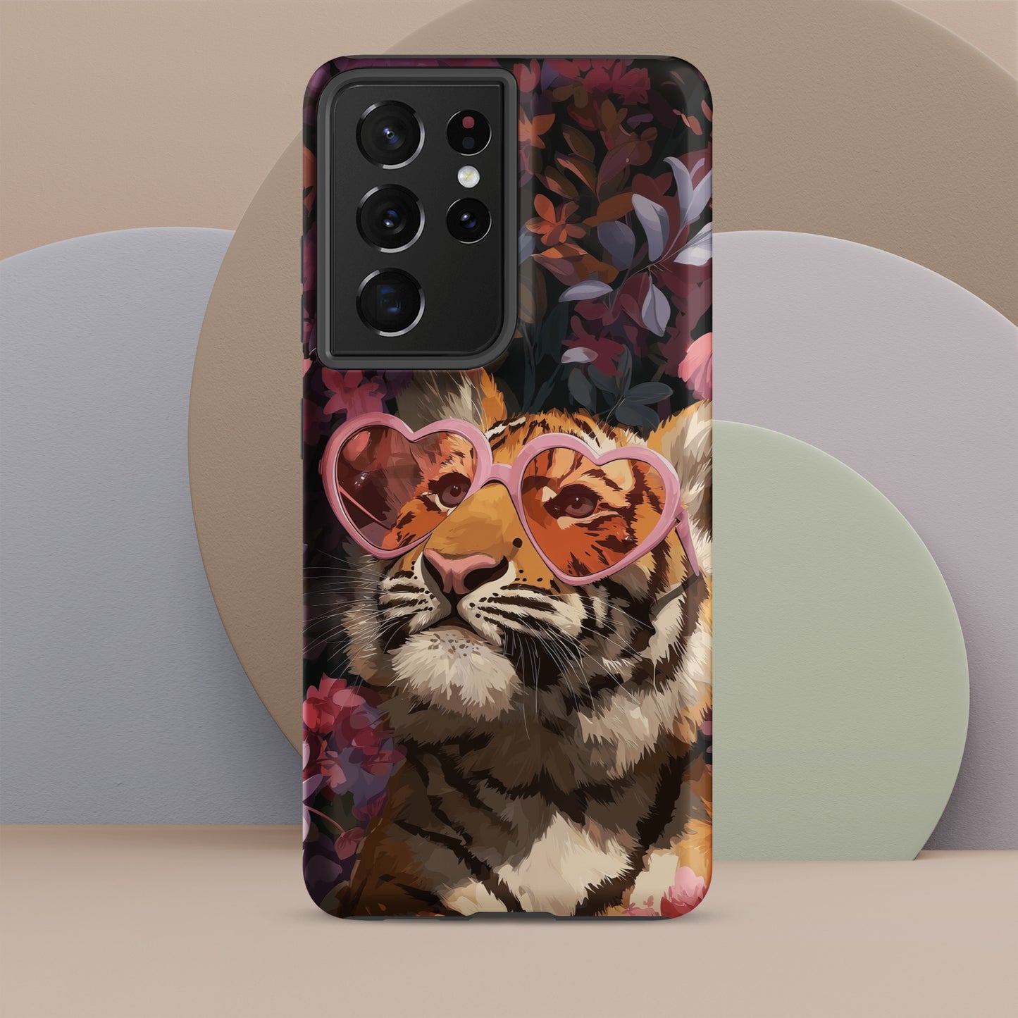 Samsung phone case with a tiger design wearing heart-shaped sunglasses by Sweet and Savage. 