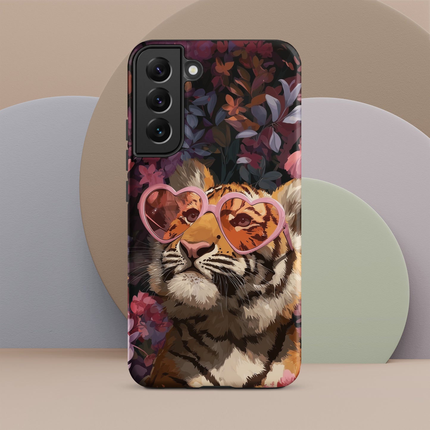 Samsung phone case with a tiger design wearing heart-shaped sunglasses by Sweet and Savage. 