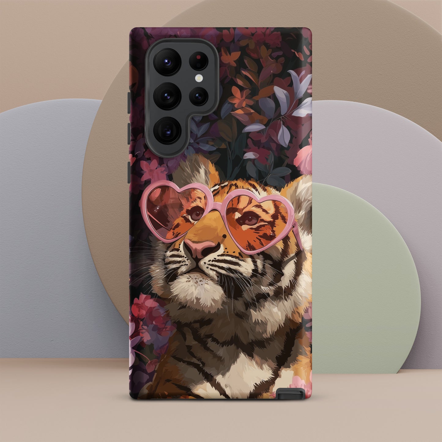 Samsung phone case with a tiger design wearing heart-shaped sunglasses by Sweet and Savage. 